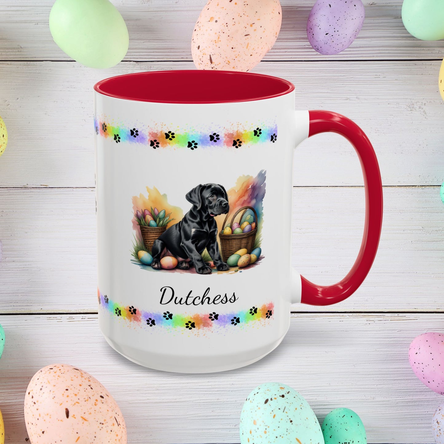 Great Dane Black Easter puppy coffee mug, personalized cute dog gift for mental health support and cozy sipping