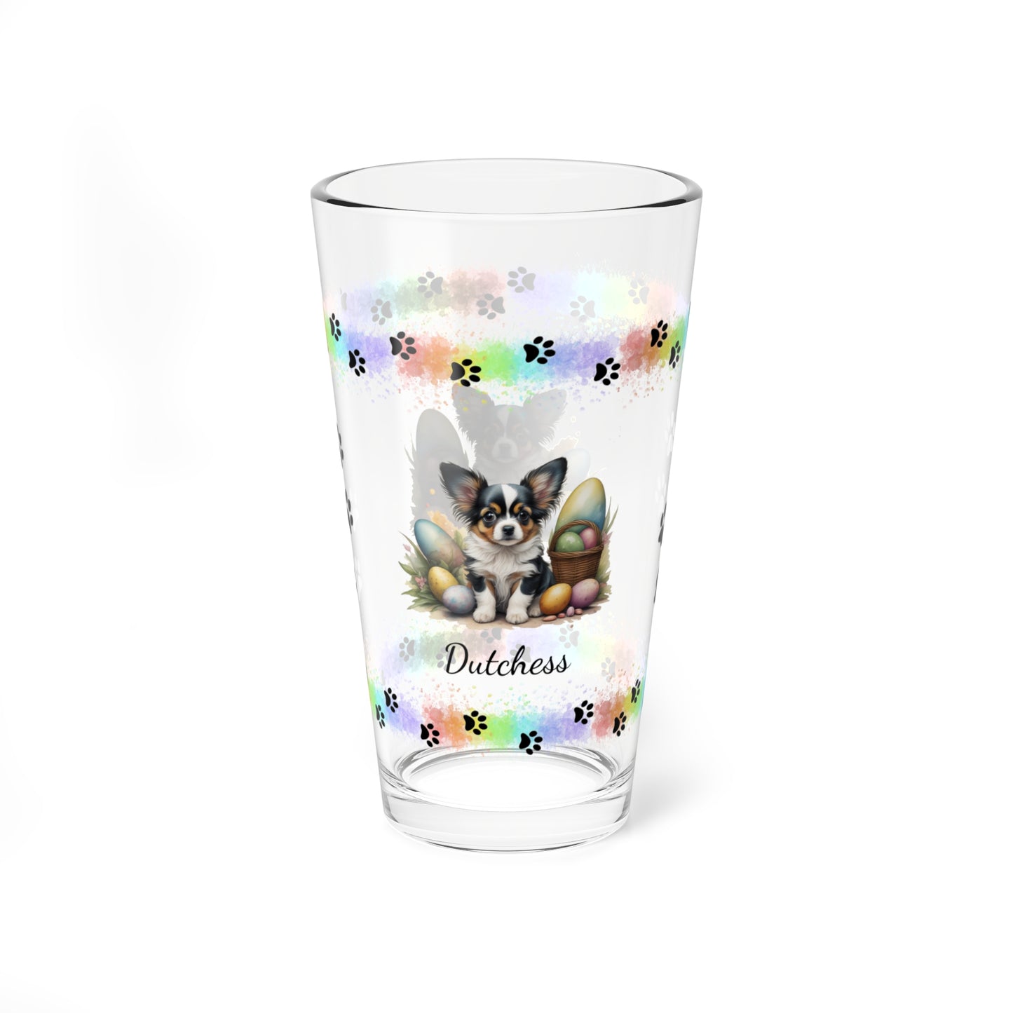 Papillon (White, Black & Tan) Personalized Easter Puppy 16oz Pint Glass - Custom Dog Design, Mental Health Gift, Easter Décor, and Festive Celebrations