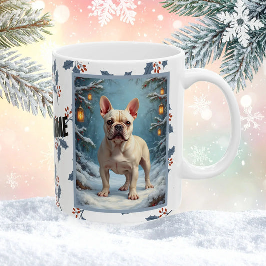 Shop our french bulldog cream winter lodge mug featuring the 15oz style option from MySisterIsASurvivor.