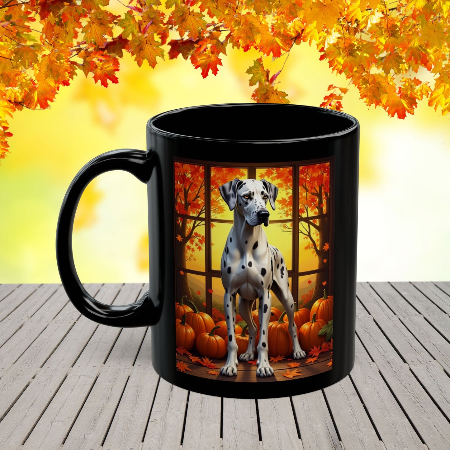 Great Dane Harlequin - Autumn mug, seasonal coffee cup for fall dog parents and Great Dane lovers