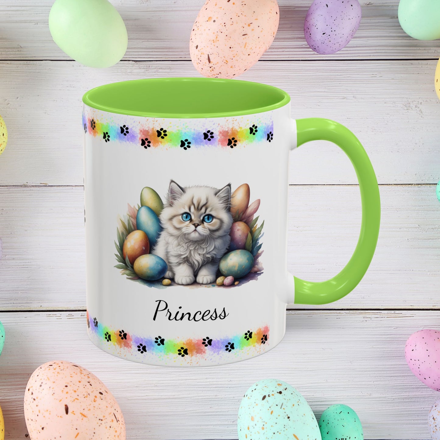 Persian Easter kitten coffee mug, personalized cute cat gift, mental health support and festive drinkware