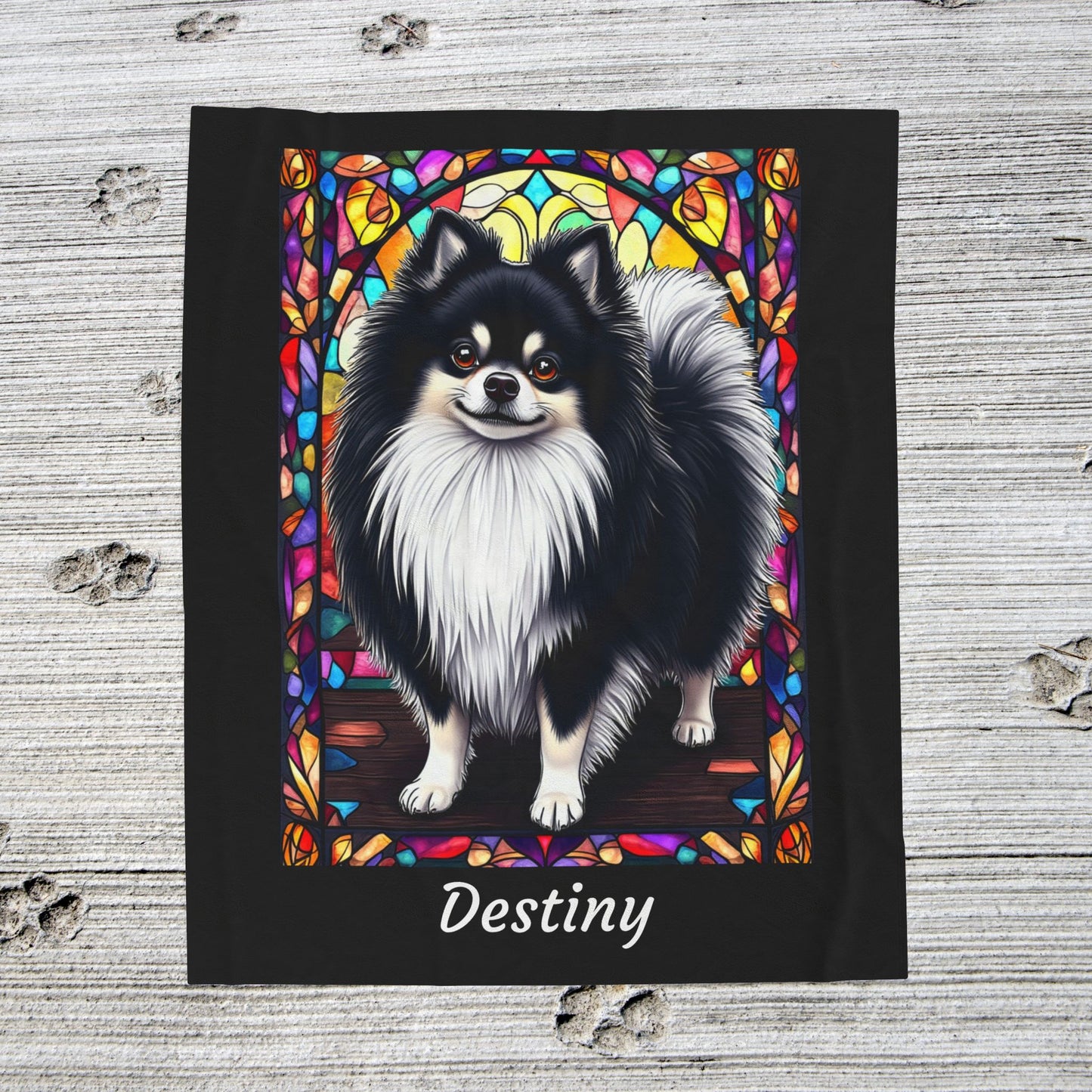 Pomeranian Black & White Coat Blanket, Velveteen Plush Stained Glass Dog Throw, Pet Lover Gift