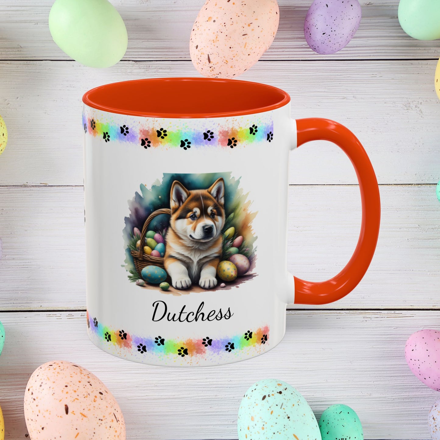 Akita personalized Easter puppy mug, cute dog coffee cup gift for mental health awareness and cozy sipping