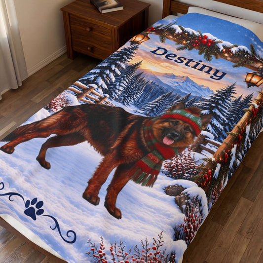 German Shepherd (Red Sable) - Personalized Snowy Woodland Blanket, Custom Name Velveteen Throw - MySisterIsAsurvor
