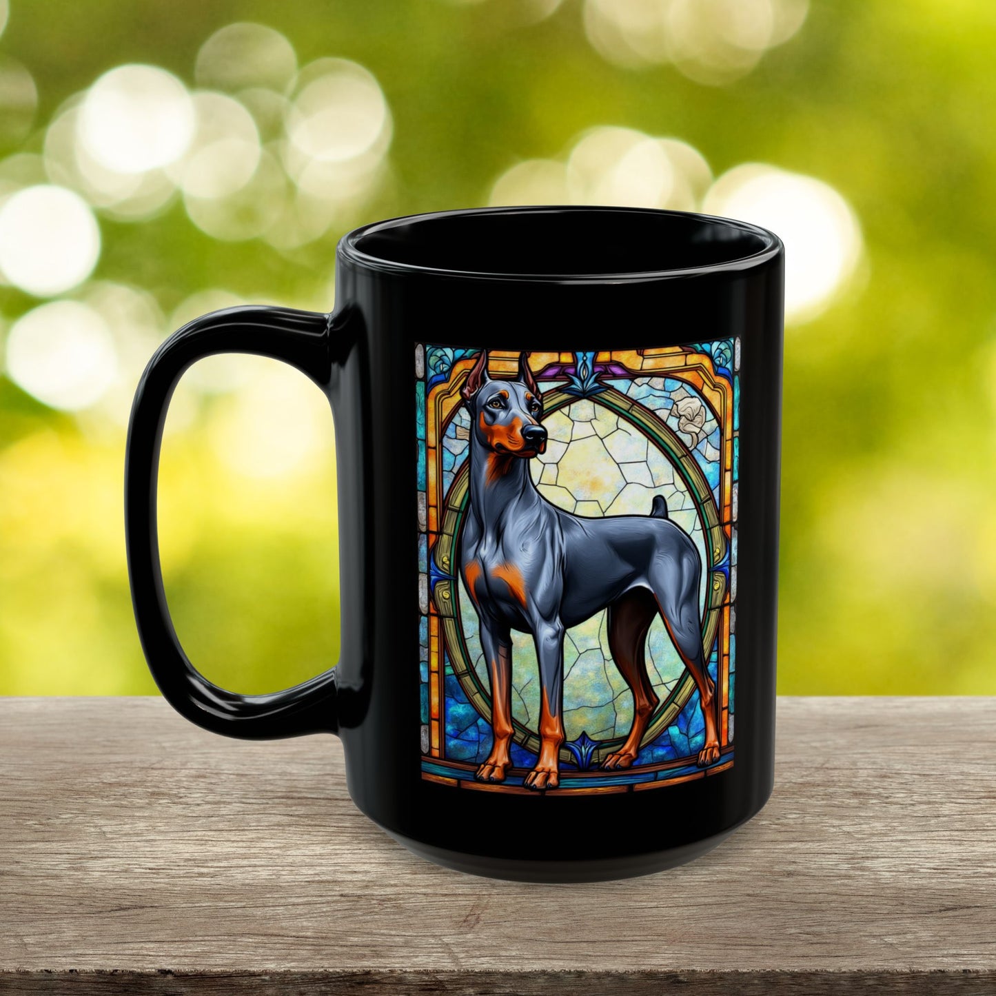 Doberman blue and rust personalized mug, stained glass coffee cup for dog lovers and pet parents