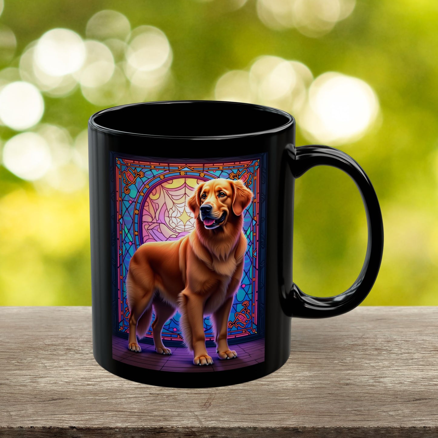 Dark Golden Retriever custom stained glass dog mug, personalized coffee cup for Golden Retriever owners