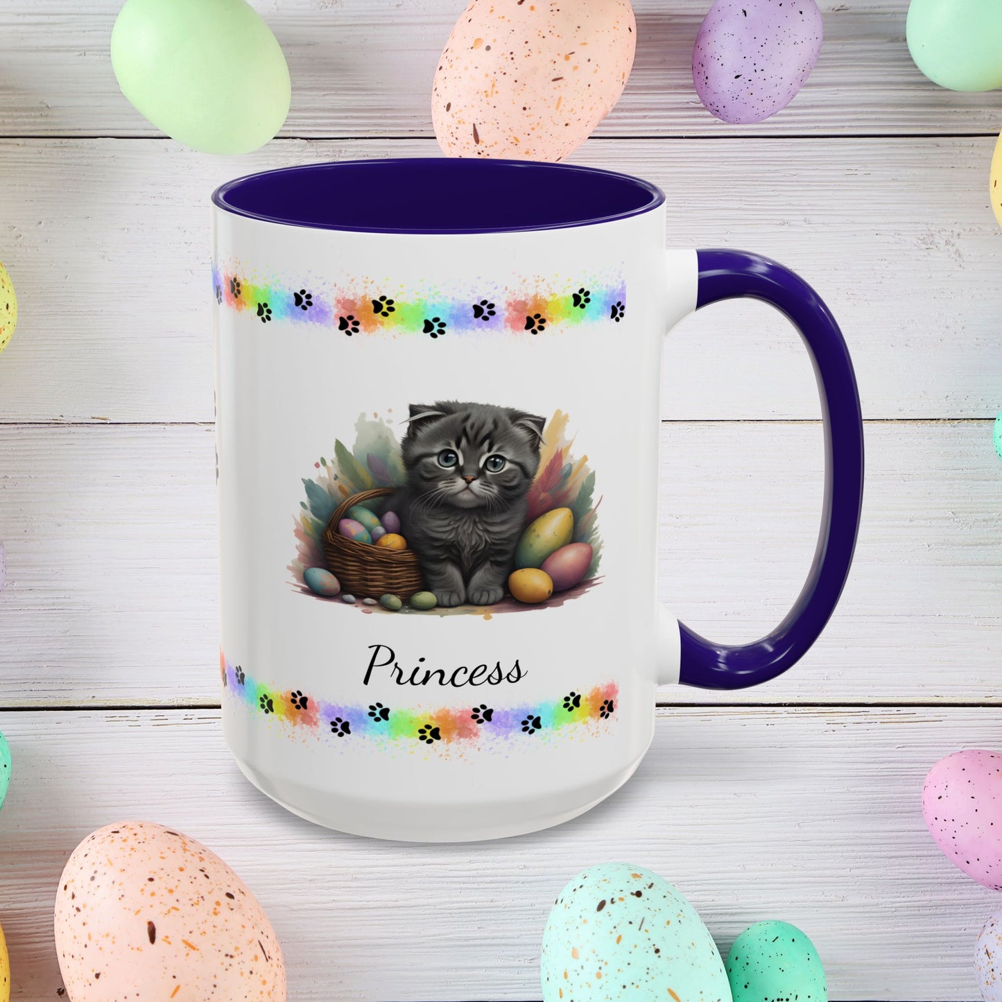 Scottish Fold Easter coffee mug, personalized kitten design, cute cat gift for mental health awareness