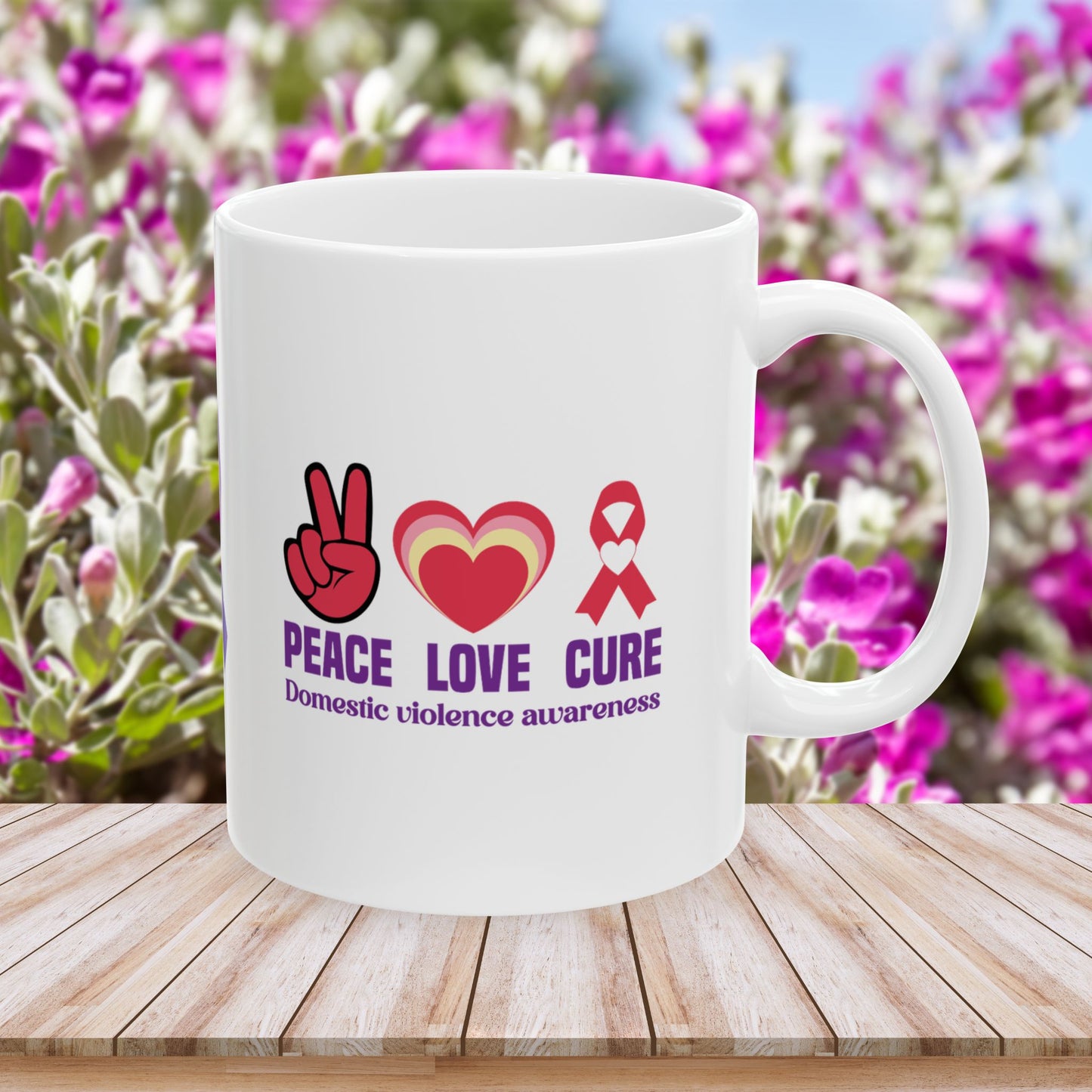 Peace Love Cure Domestic Violence Awareness Ceramic Mug - Support & Empowerment