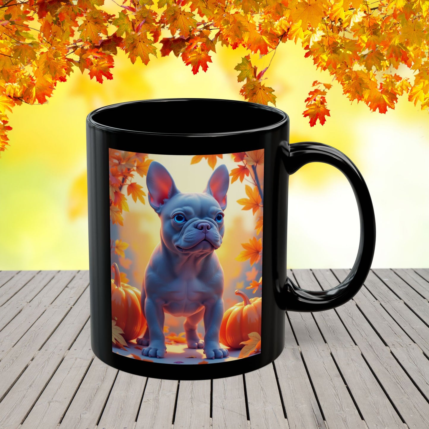 Blue French Bulldog Autumn Black Mug - Cute fall coffee mug for Frenchie dog owners
