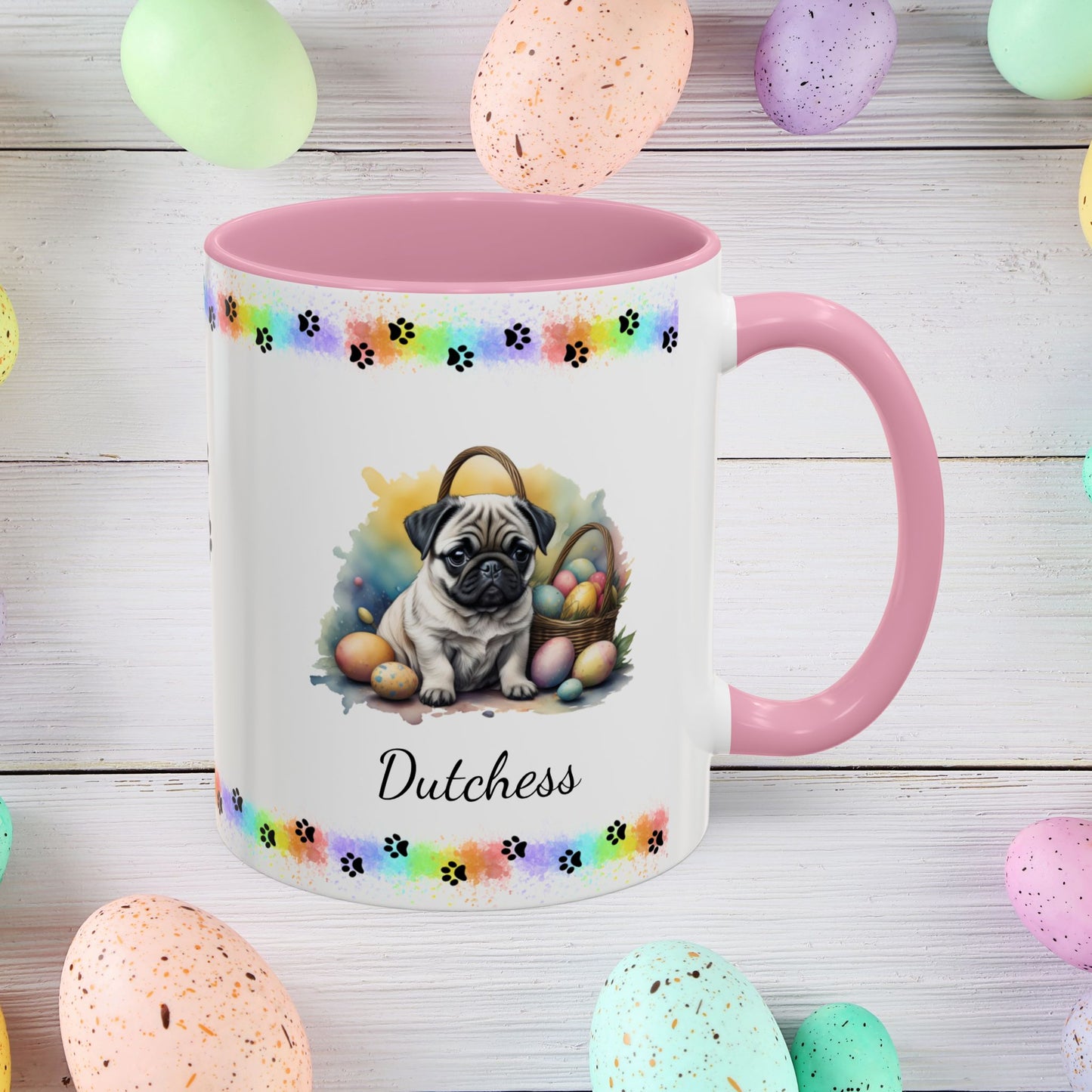 Sweet Pug Easter puppy coffee mug personalized for dog lovers, uplifting mental health and spreading Easter cheer.