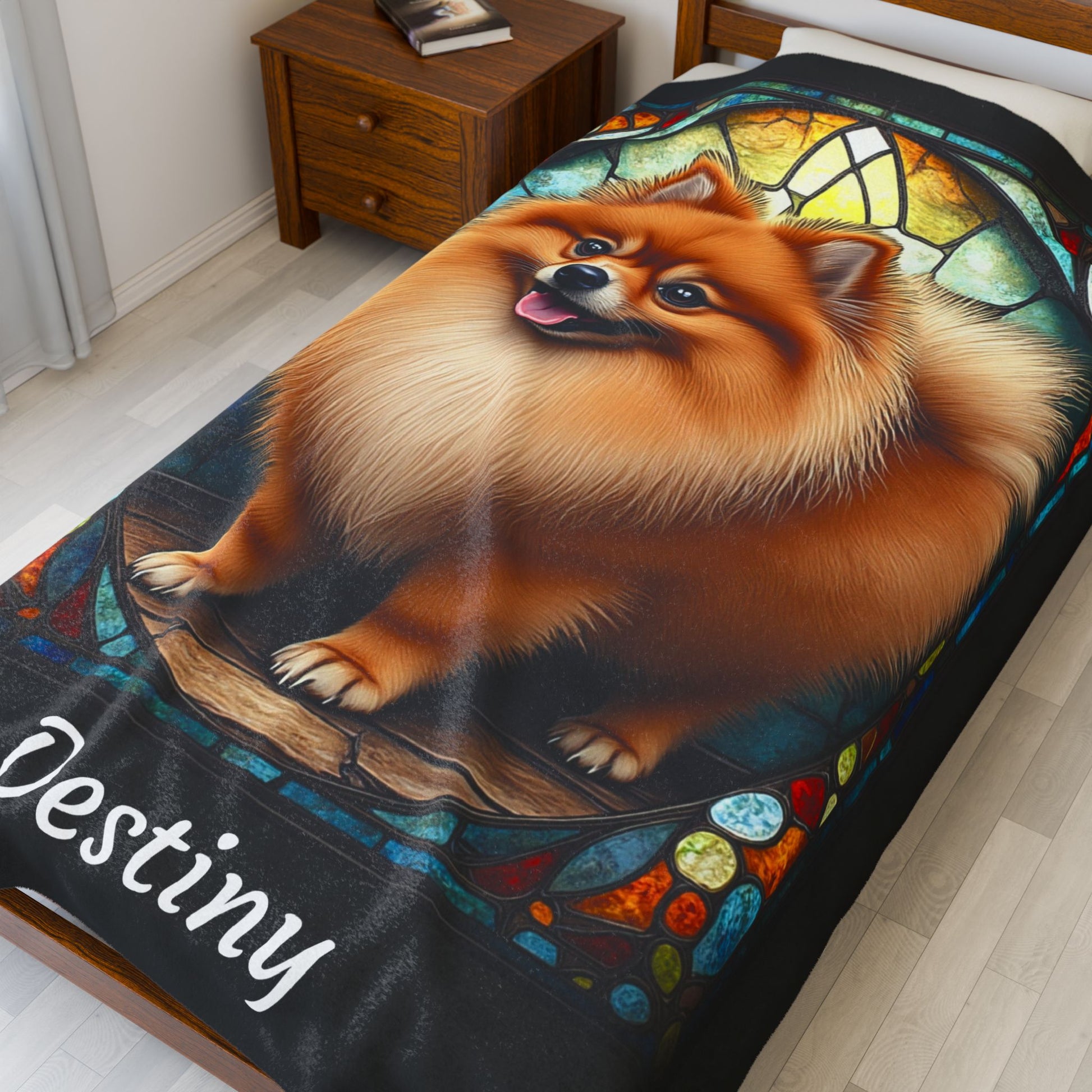 Pomeranian Red Sable Coat Blanket, Velveteen Plush Stained Glass Dog Throw, Personalized Gift for Humans
