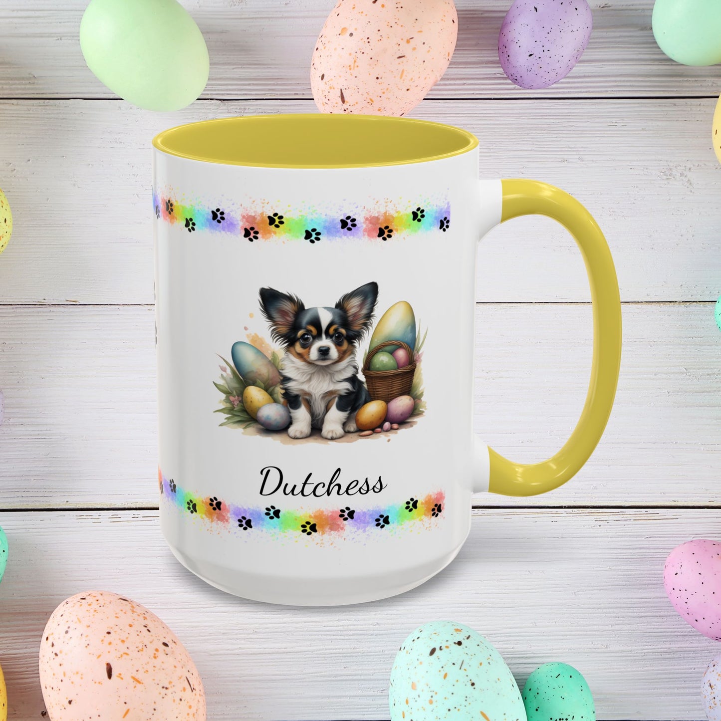 Papillon White, Black & Tan Easter puppy coffee mug, personalized cute dog coffee cup gift for mental health support