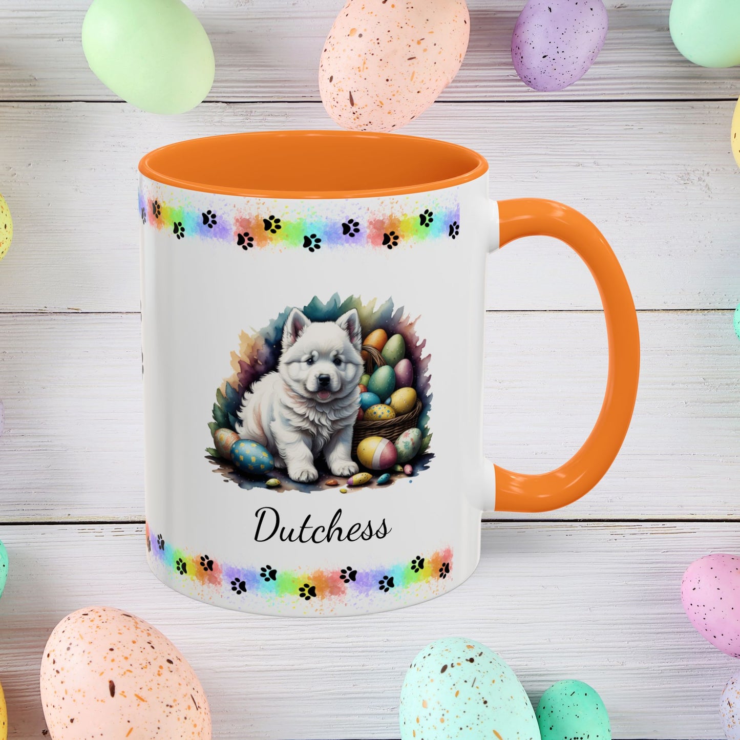 Samoyed Easter puppy coffee mug personalized dog design, cozy mental health gift for spring and daily mindfulness.