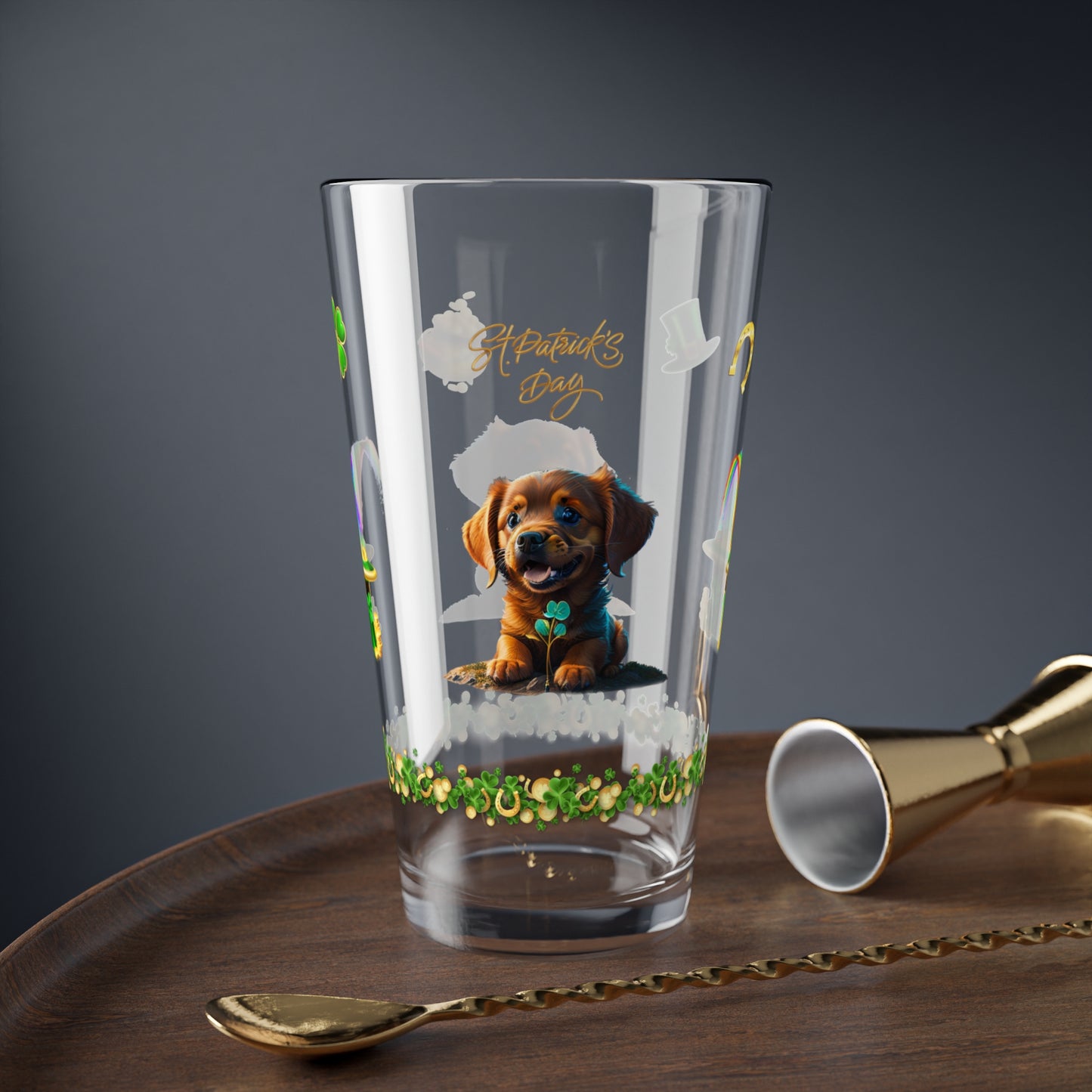Shamrock Serenity Puppy: Mindful St. Patrick's Day 16oz Pint Glasses - Festive Design for Positivity & Wellness