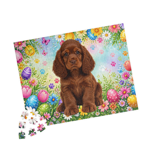 American Cocker Spaniel (Liver) Easter Puppy Puzzle - Spring Garden with Eggs, Tulips, and Daisies