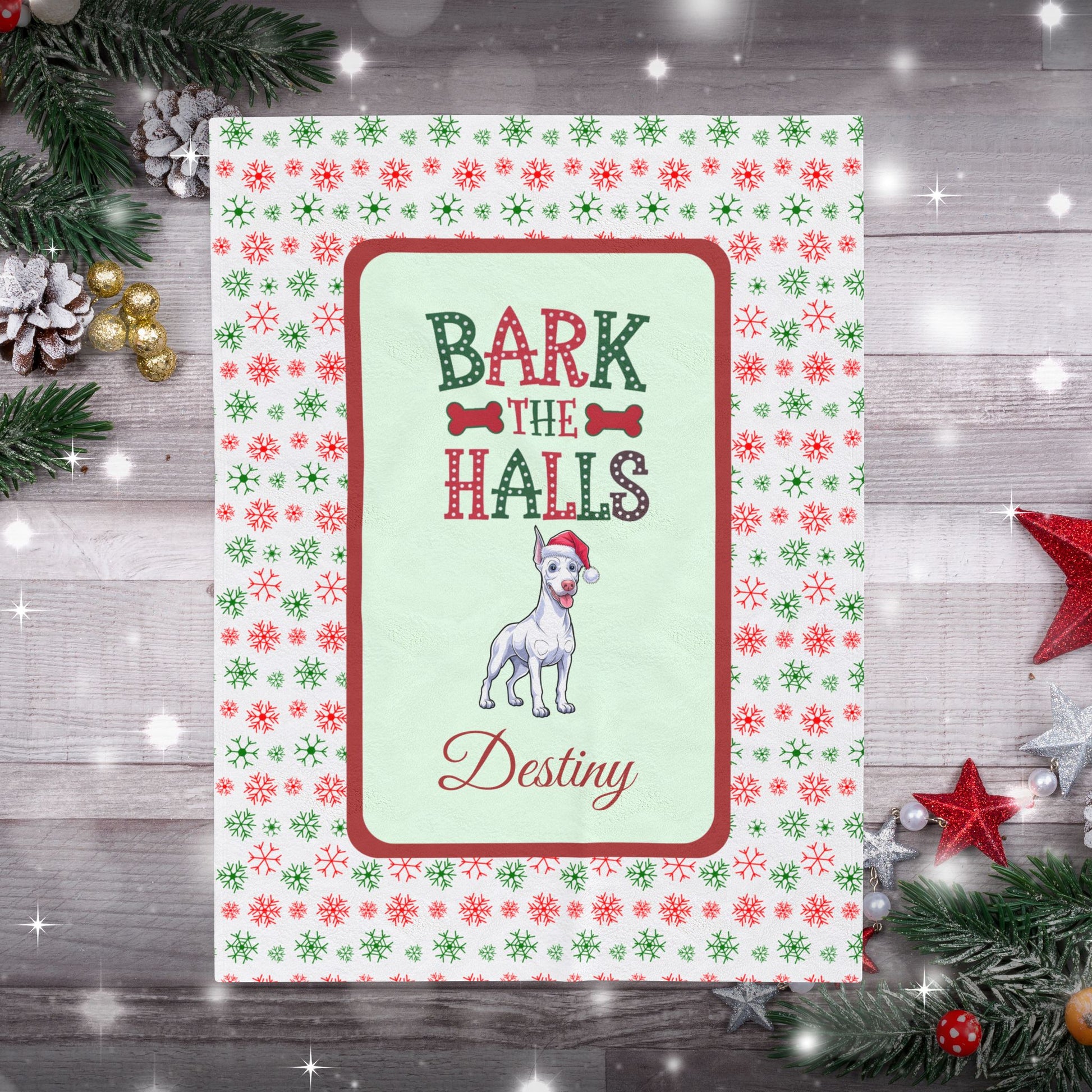 Doberman Pinscher White personalized velveteen Christmas throw Bark The Halls holiday dog lover blanket