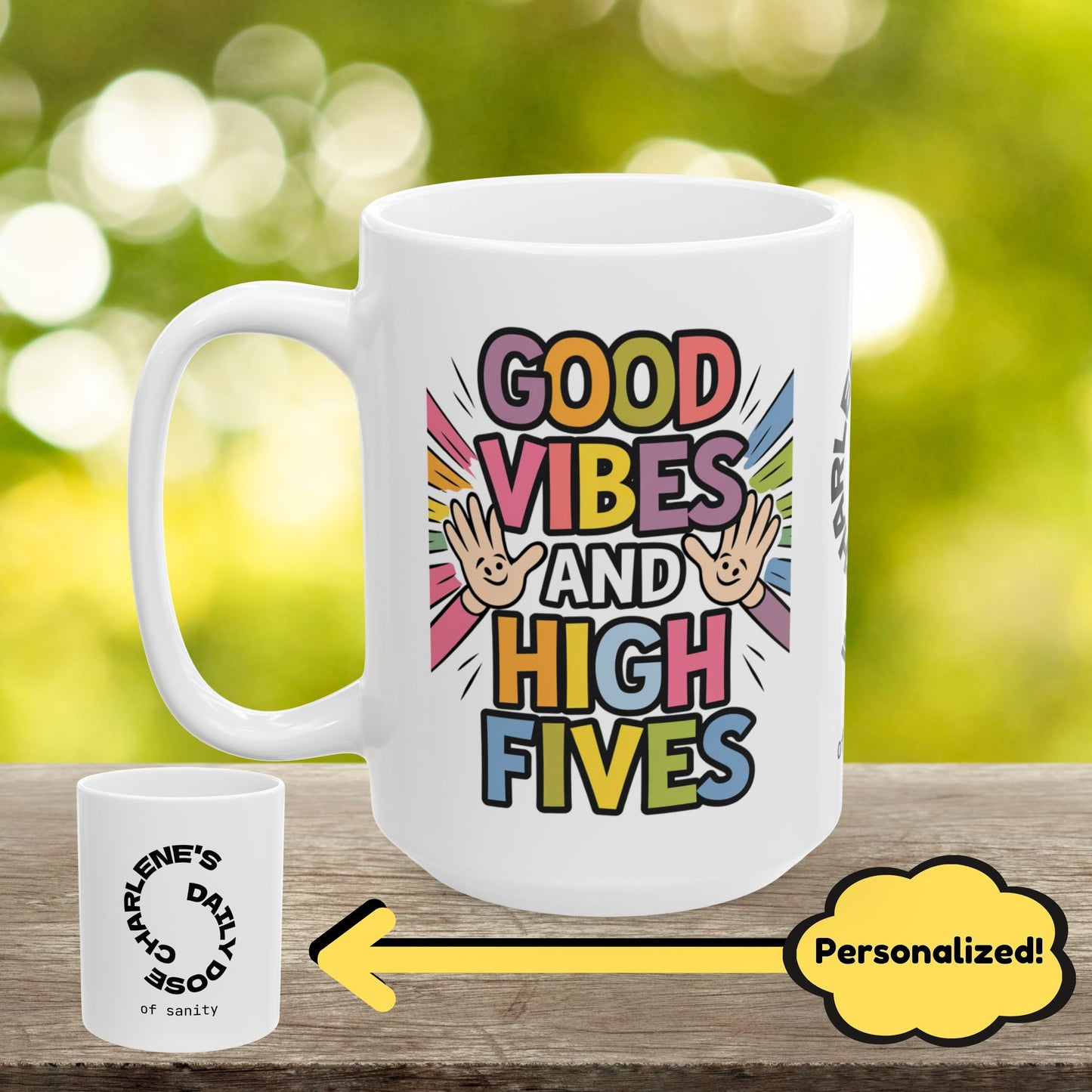 "Good Vibes And High Fives" funny mental health mug, personalized ceramic cup with anxiety relief and positive affirmations.