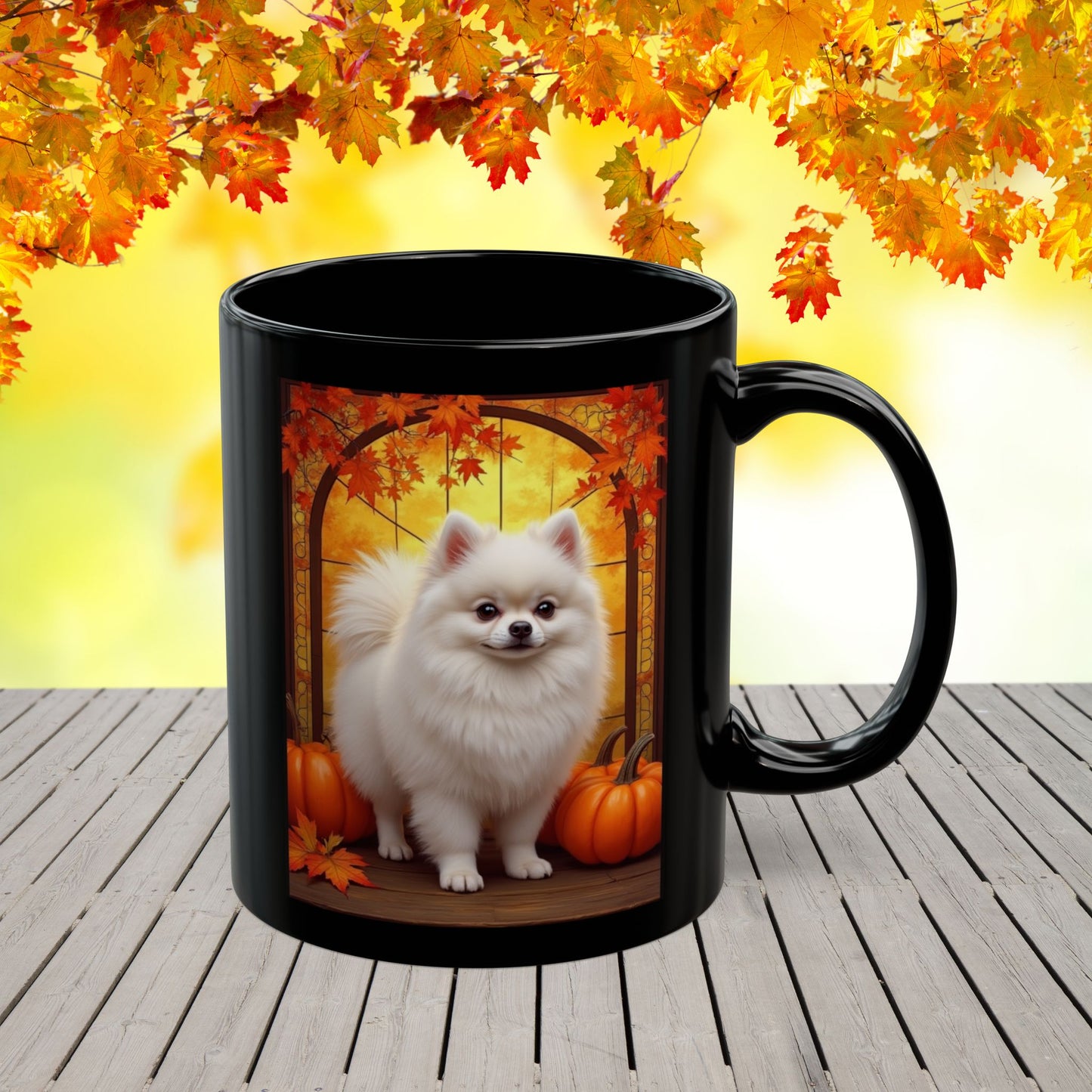 White Pomeranian personalized fall coffee mug, custom dog lover gift for cozy autumn drinks