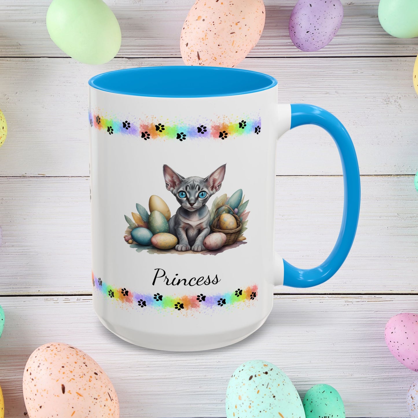 Sphynx personalized Easter coffee mug, adorable kitten design, cute cat gift for mental health support