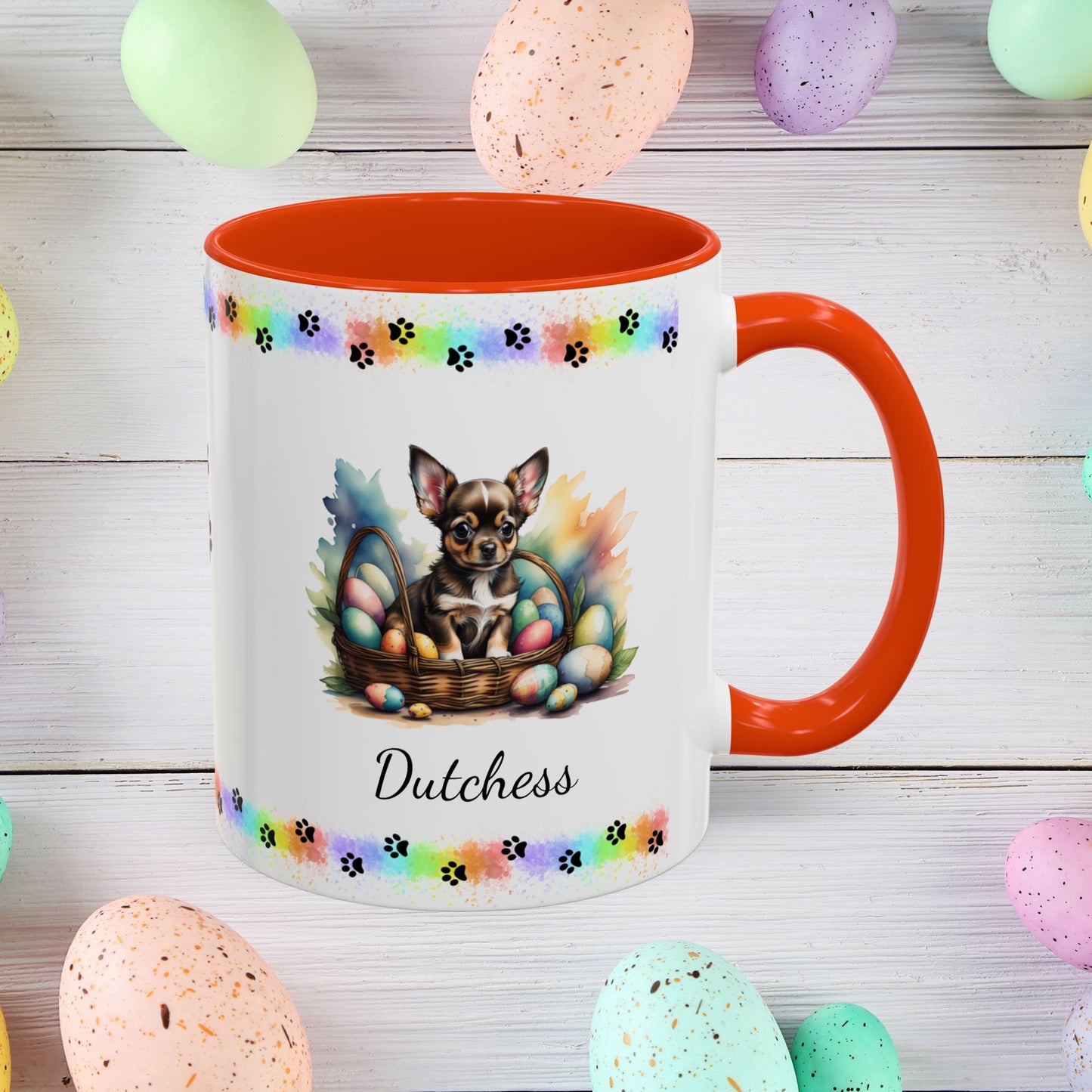 Chihuahua (Black Tri): Personalized Easter Puppy Coffee Mug - Adorable Dog Design, Mental Health Gift, 11oz & 15oz, 12 Color Choices, Easter Gifts & Décor