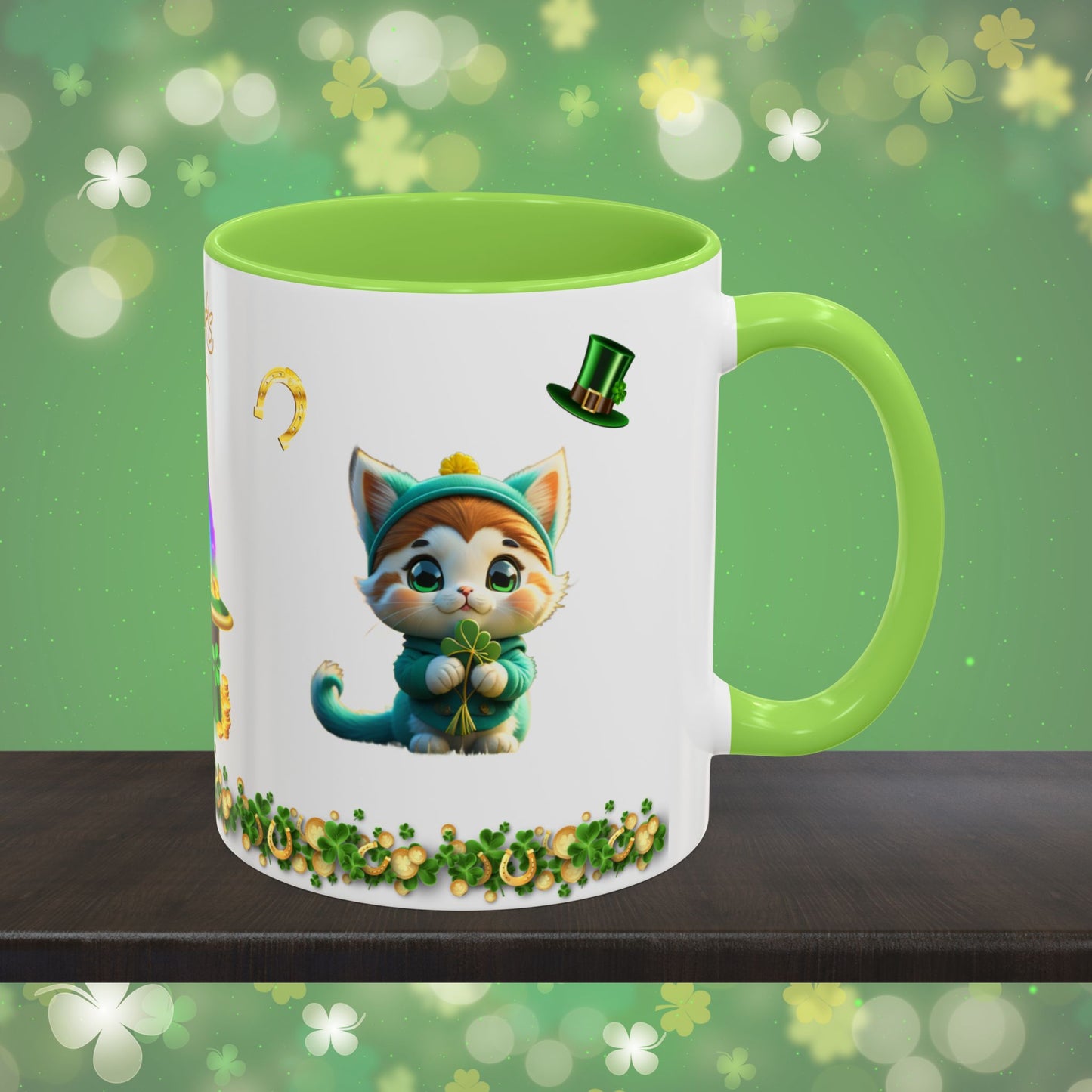 Serene Shamrock Kitty: St. Patrick's Day Two-Tone Coffee Mug - Festive Ceramic Mug for Positivity & Mindfulness