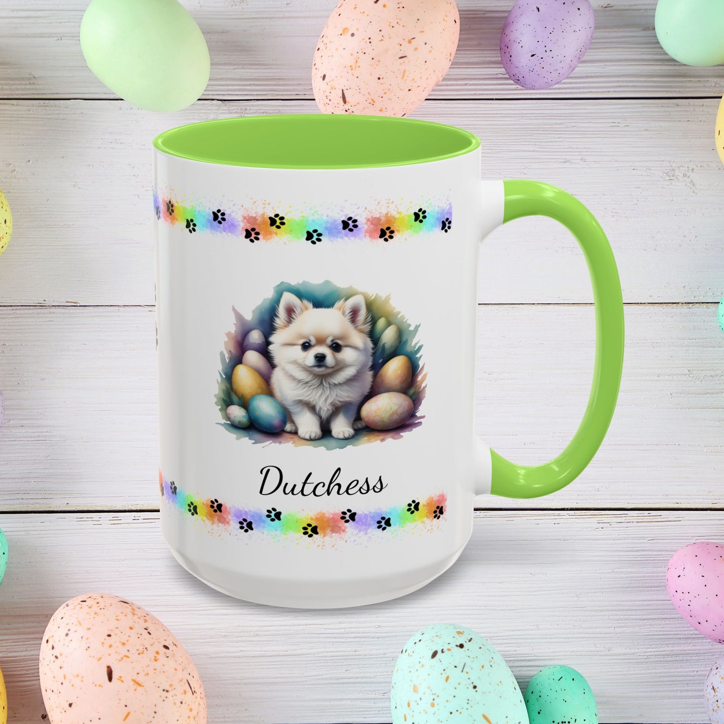 Pomeranian White Easter puppy coffee mug, personalized cute dog coffee cup gift for mental health support and comfort