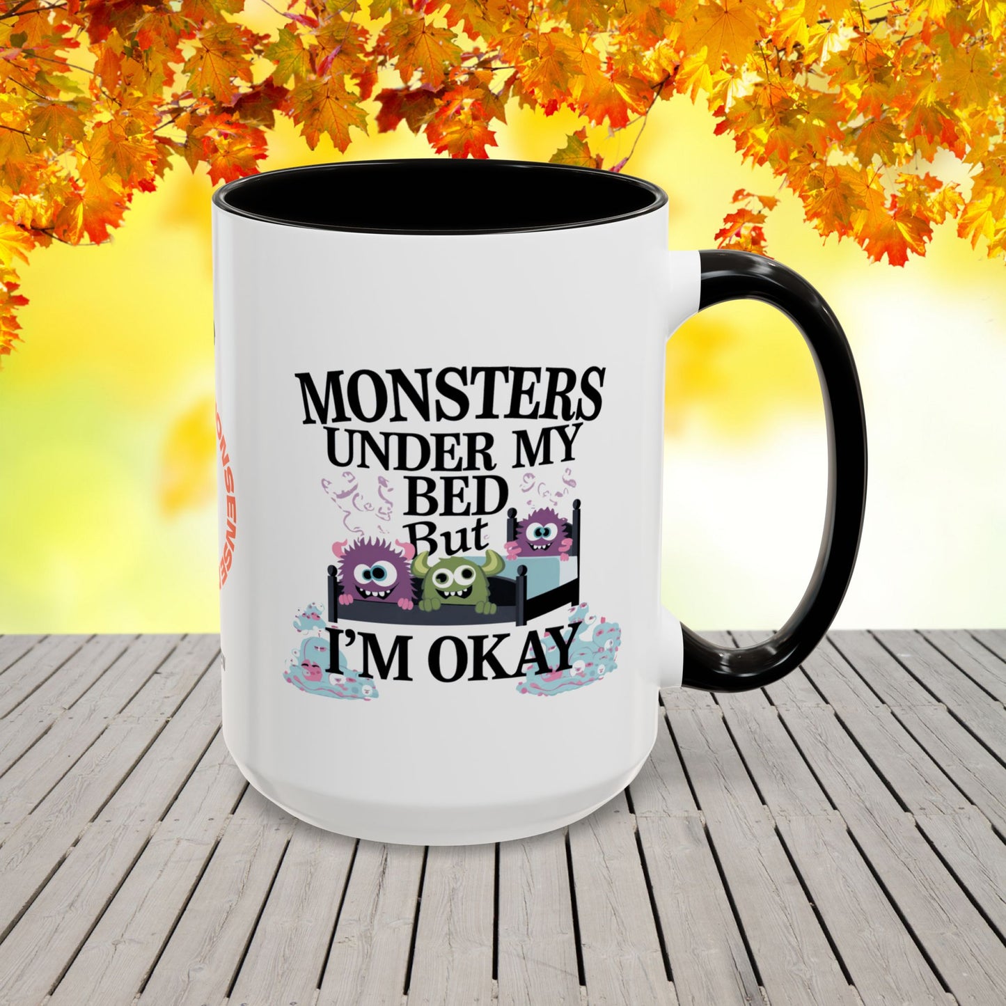 Empowering Halloween mug with monsters-under-the-bed theme, designed for anxiety support and mental health warriors