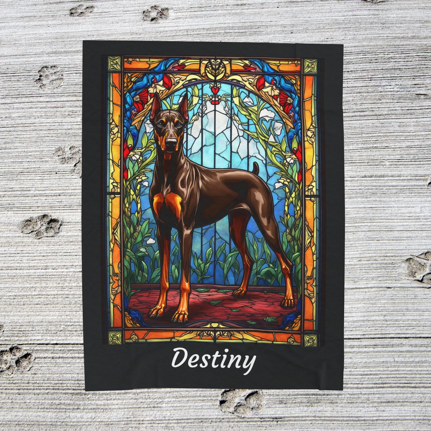 Doberman red and rust velveteen blanket, stained glass dog throw, personalized pet lover gift - MySisterIsASurvivor