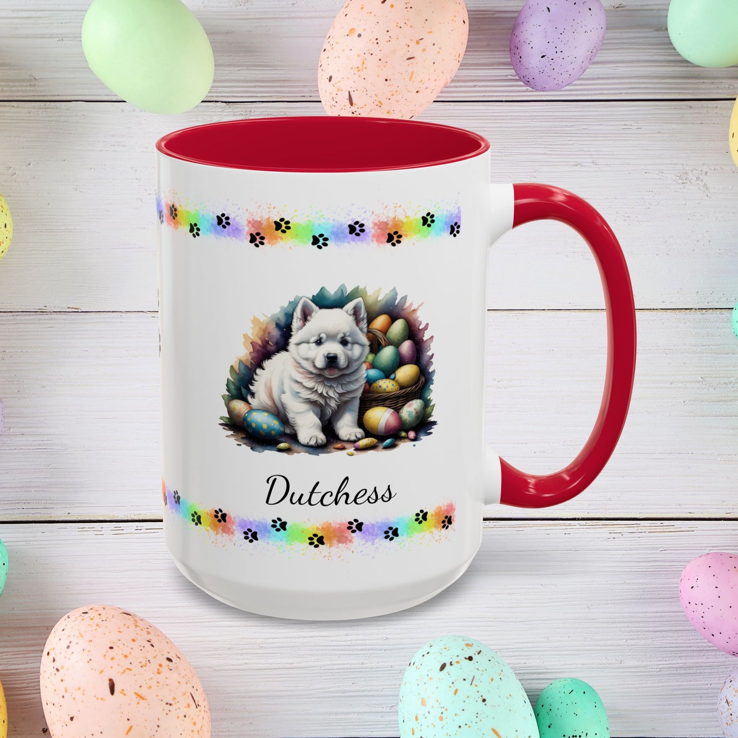 Samoyed Easter puppy coffee mug personalized dog design, cozy mental health gift for spring and daily mindfulness.