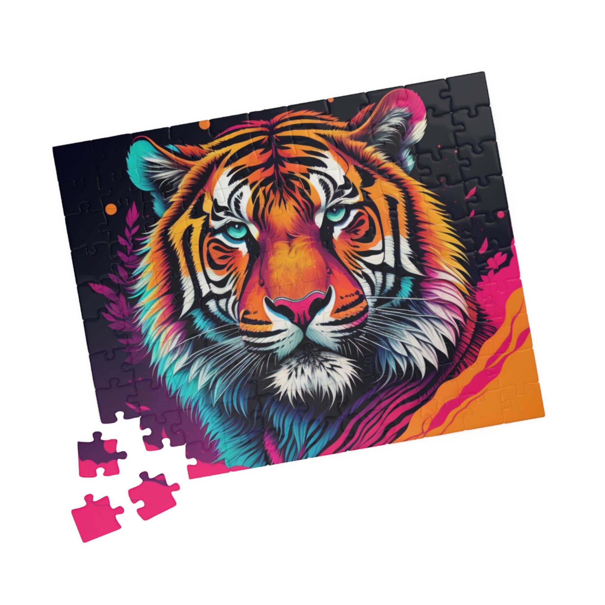 Fierce tiger mid-roar in a vibrant background, featured on a puzzle symbolizing fresh energy and personal strength