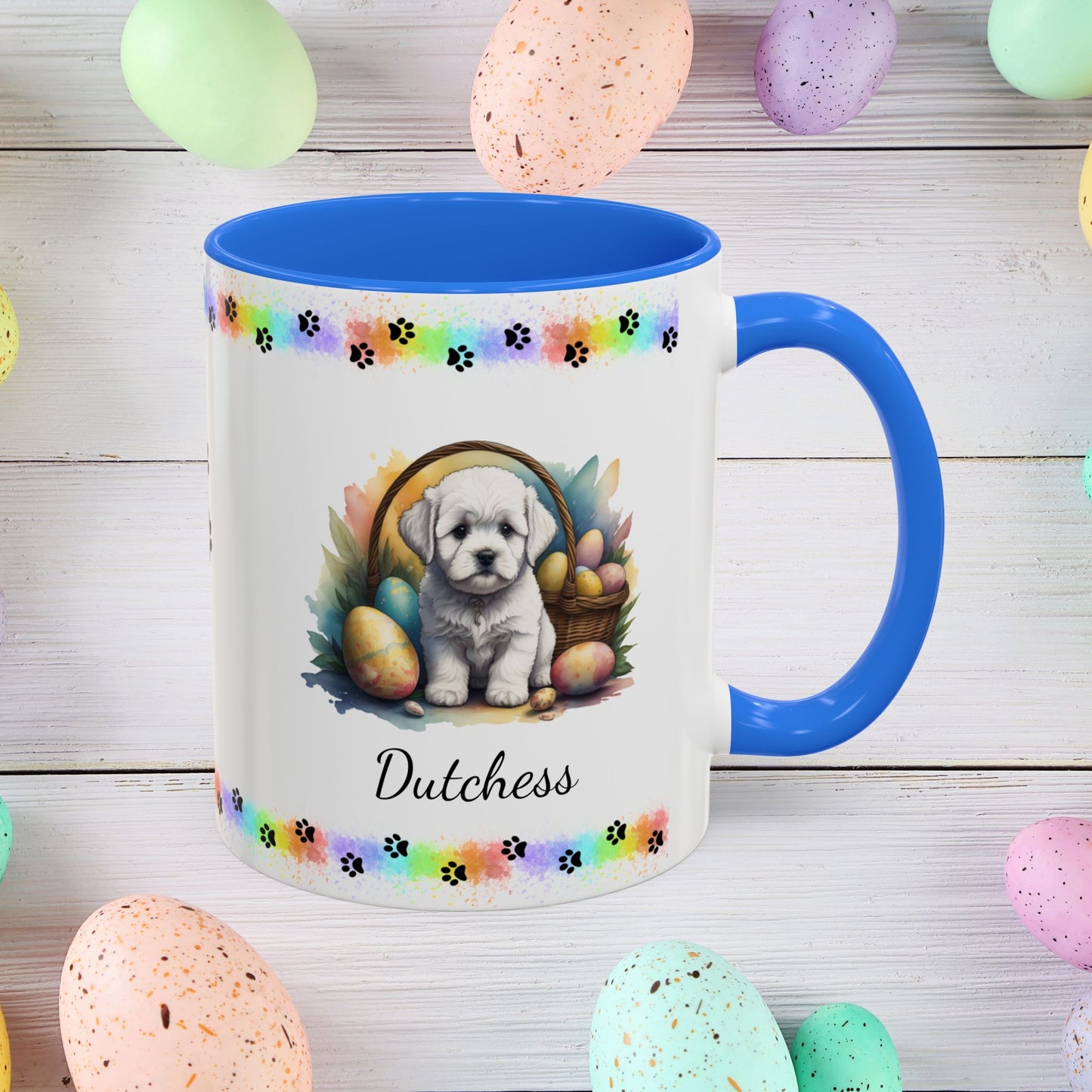 Bichon Frise personalized Easter puppy mug, cute dog coffee cup gift for mental health awareness and comfort