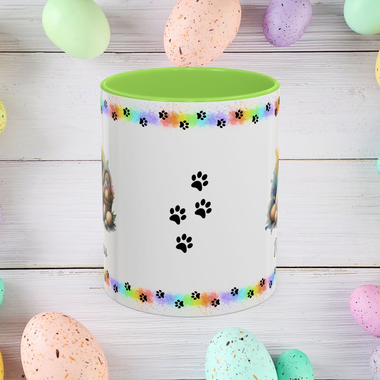 Sweet Pug Easter puppy coffee mug personalized for dog lovers, uplifting mental health and spreading Easter cheer.