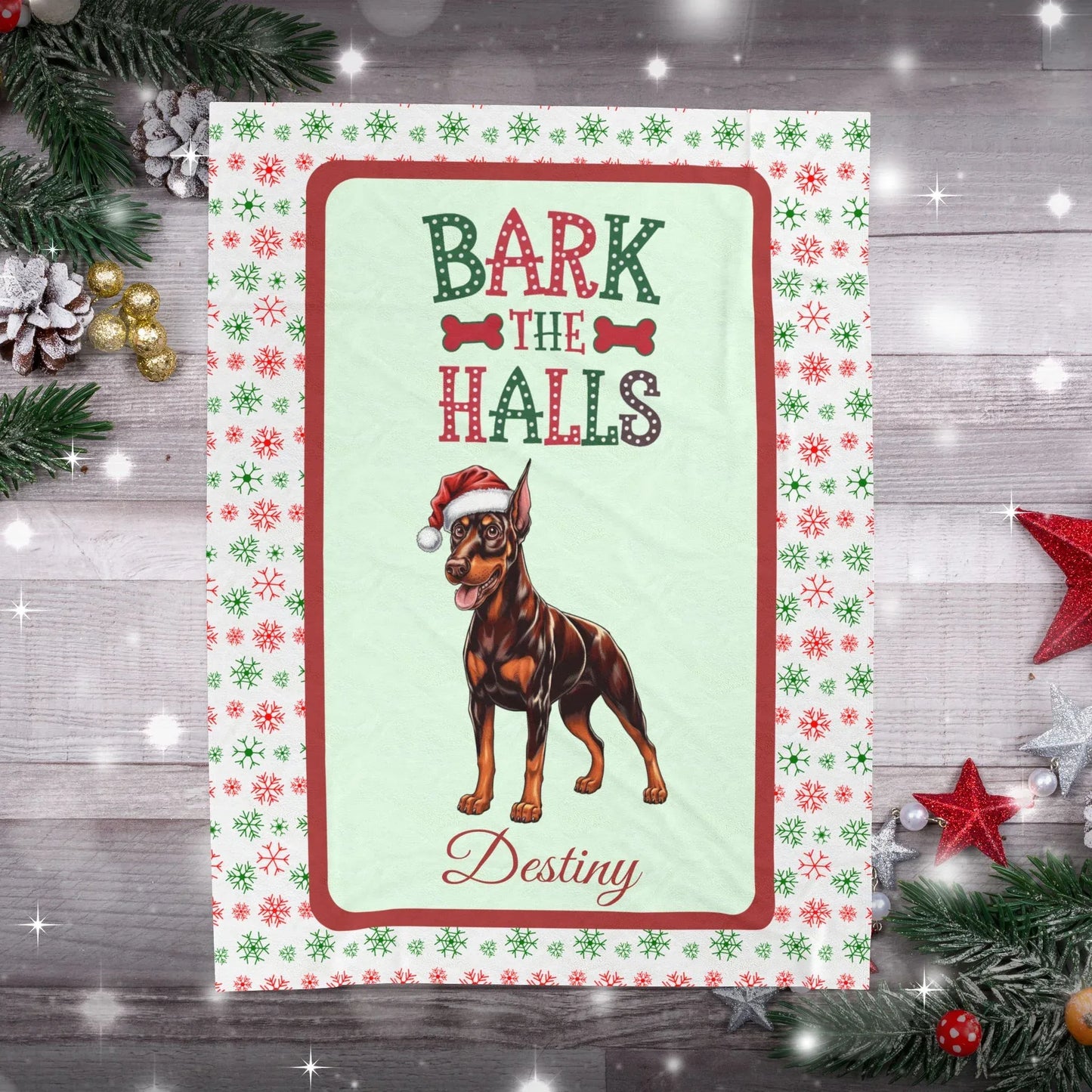 Shop our premium personalized doberman pinscher red rust velveteen plush blanket bark the halls from MySisterIsASurvivor.