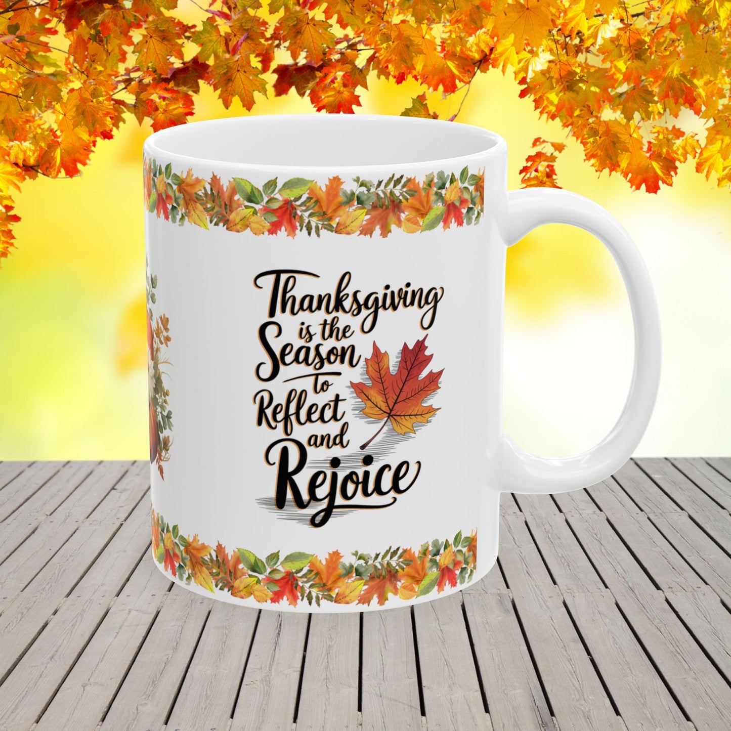 Thanksgiving Ceramic Mug with Reflect and Rejoice Message for a Grateful Holiday Season