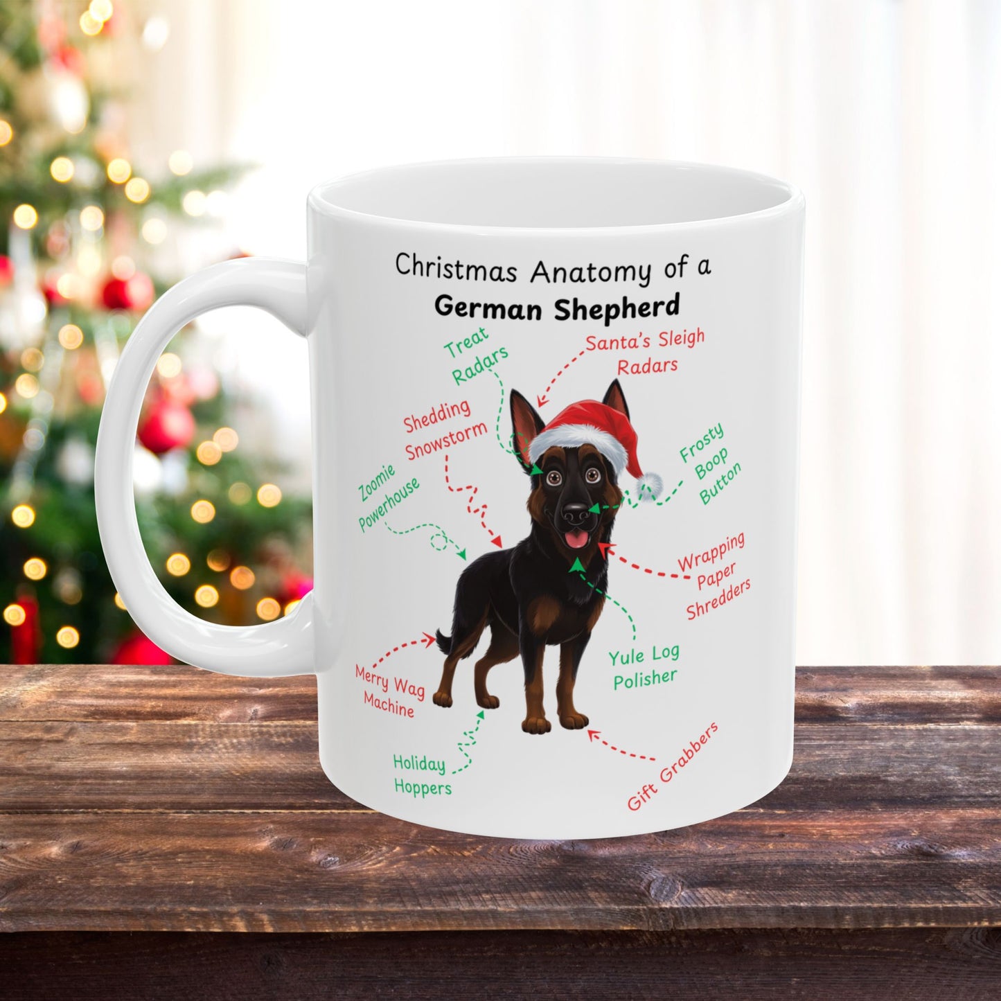 German Shepherd Bi-Color personalized Christmas coffee mug, festive dog anatomy gift