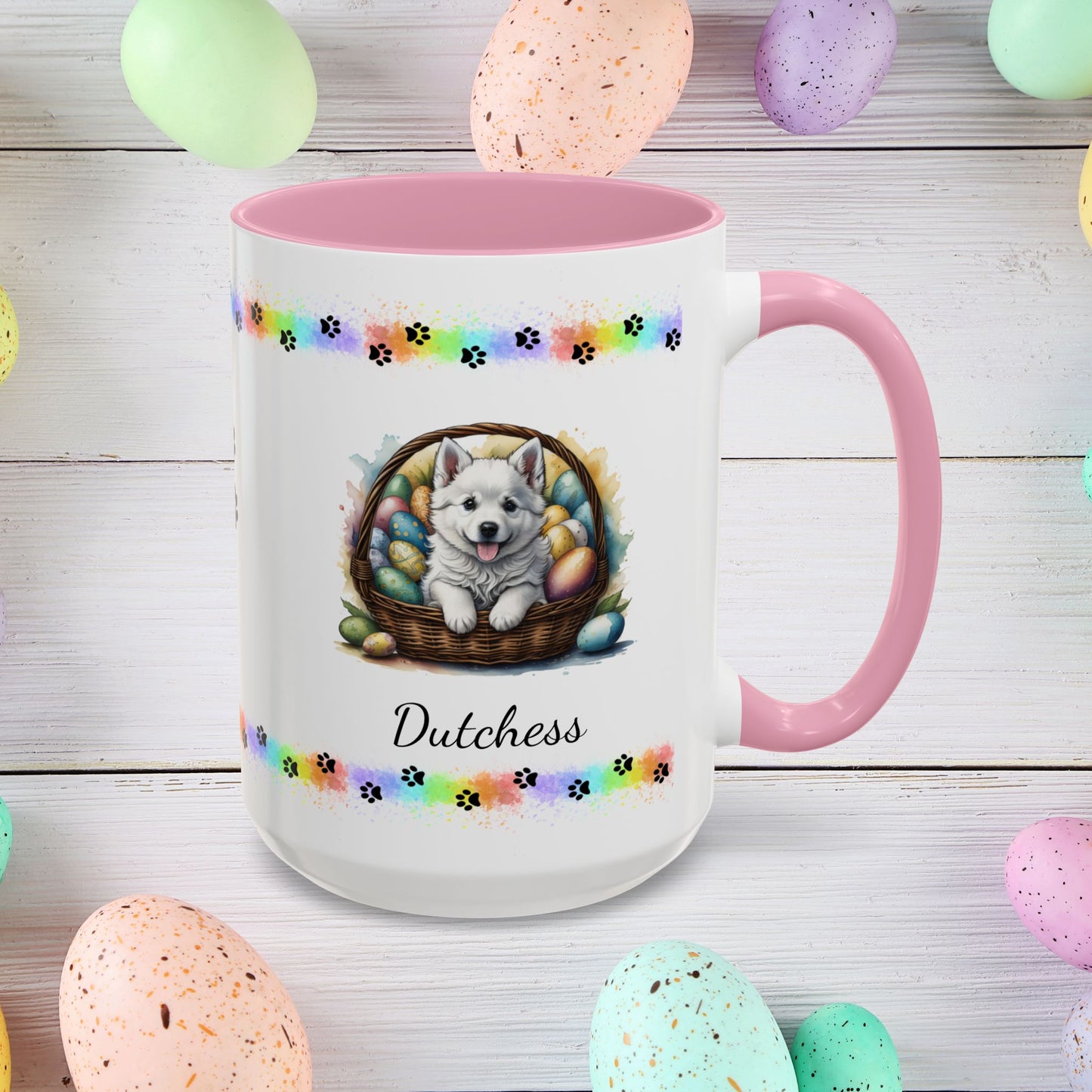 American Eskimo personalized Easter puppy mug, cute dog coffee cup, mental health awareness gift for dog lovers