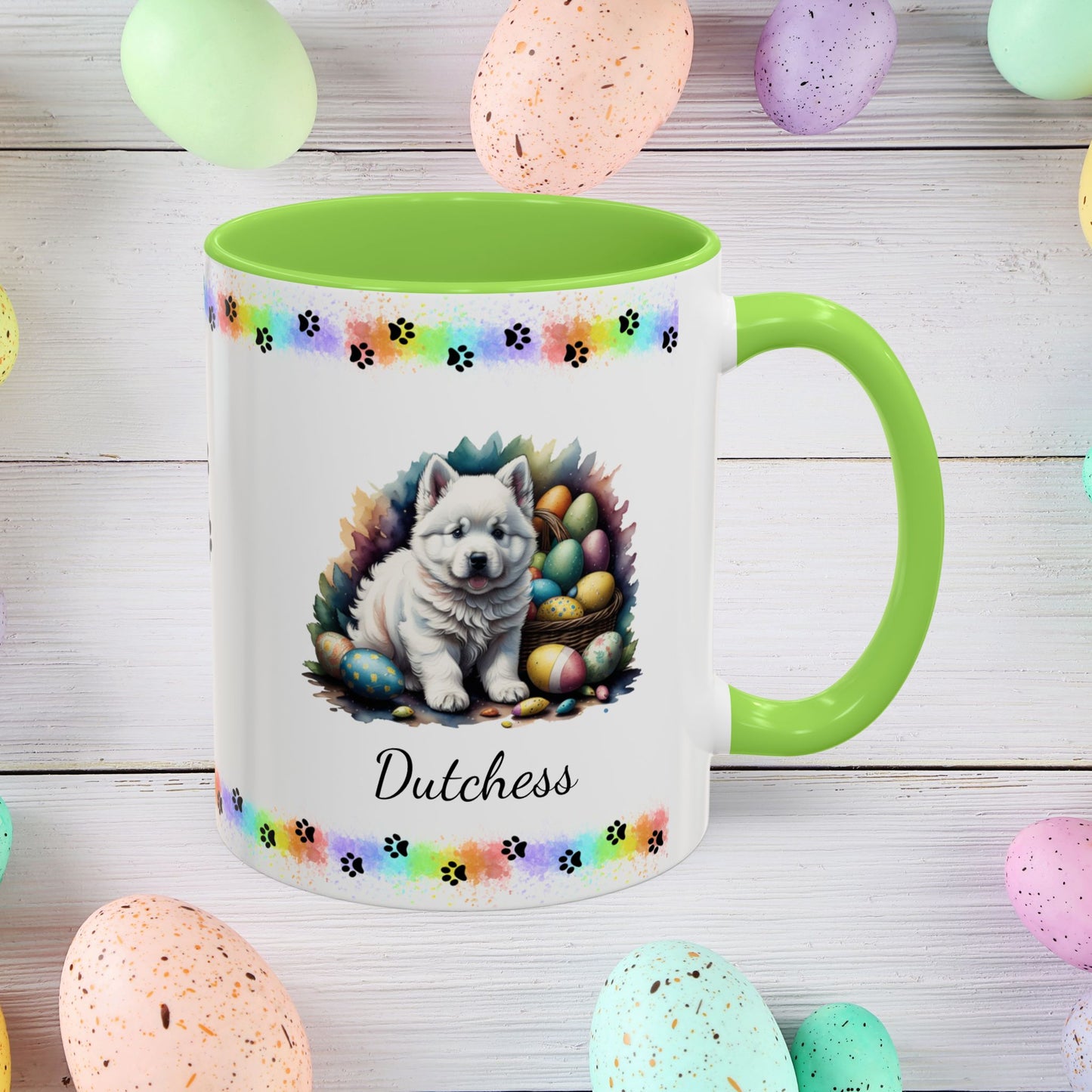 Samoyed Easter puppy coffee mug personalized dog design, cozy mental health gift for spring and daily mindfulness.