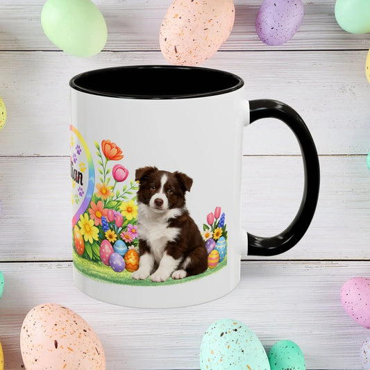 Shop our border collie chocolate white puppy easter mug featuring the 11oz style option from MySisterIsASurvivor.