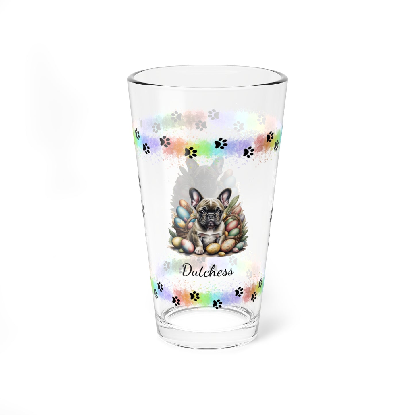 French Bulldog (Brindle) Personalized Easter Puppy 16oz Pint Glass - Custom Dog Design, Mental Health Gift, Easter Décor, and Festive Celebrations