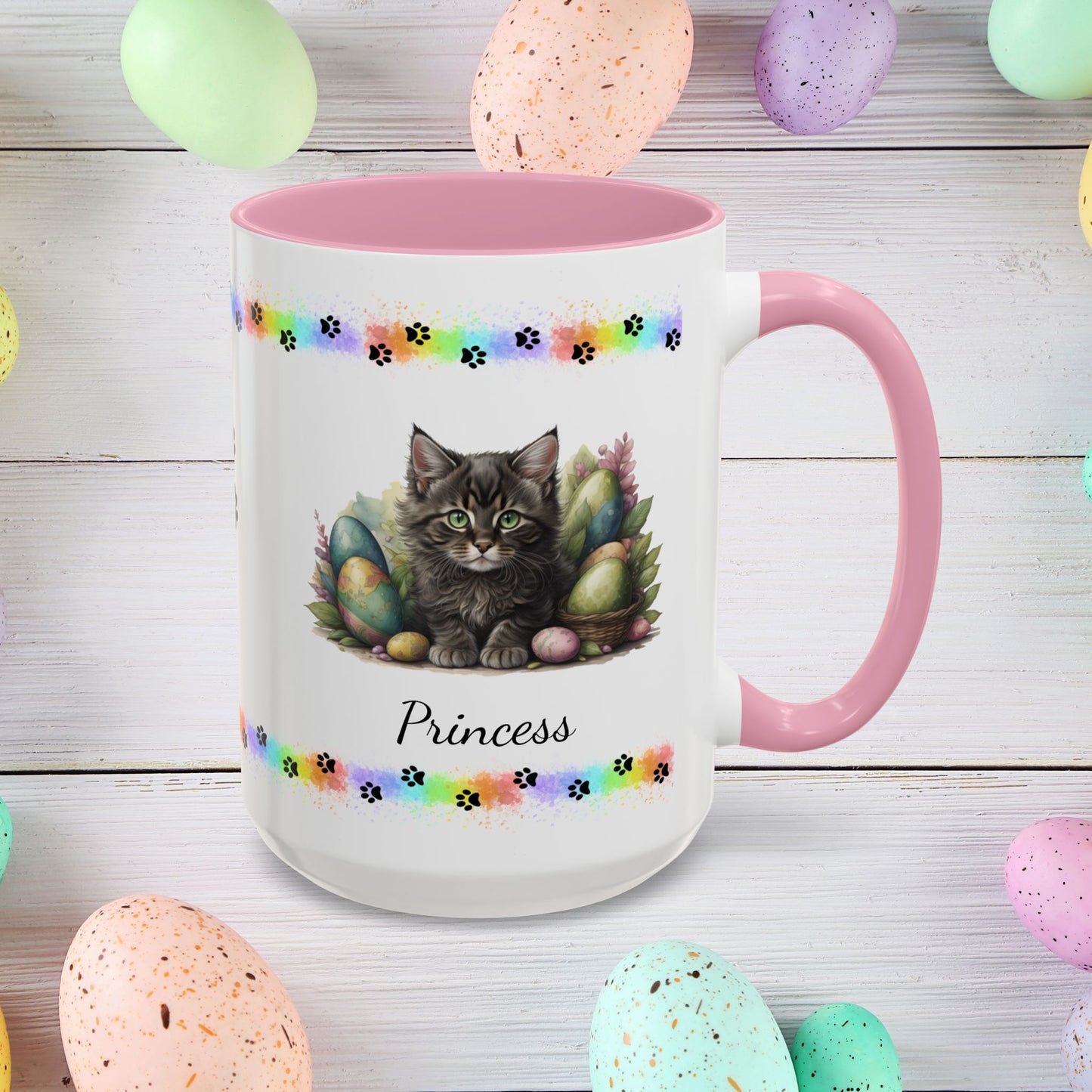 Maine Coon Easter kitten mug, personalized cute cat coffee cup, gift for mental health support and comfort