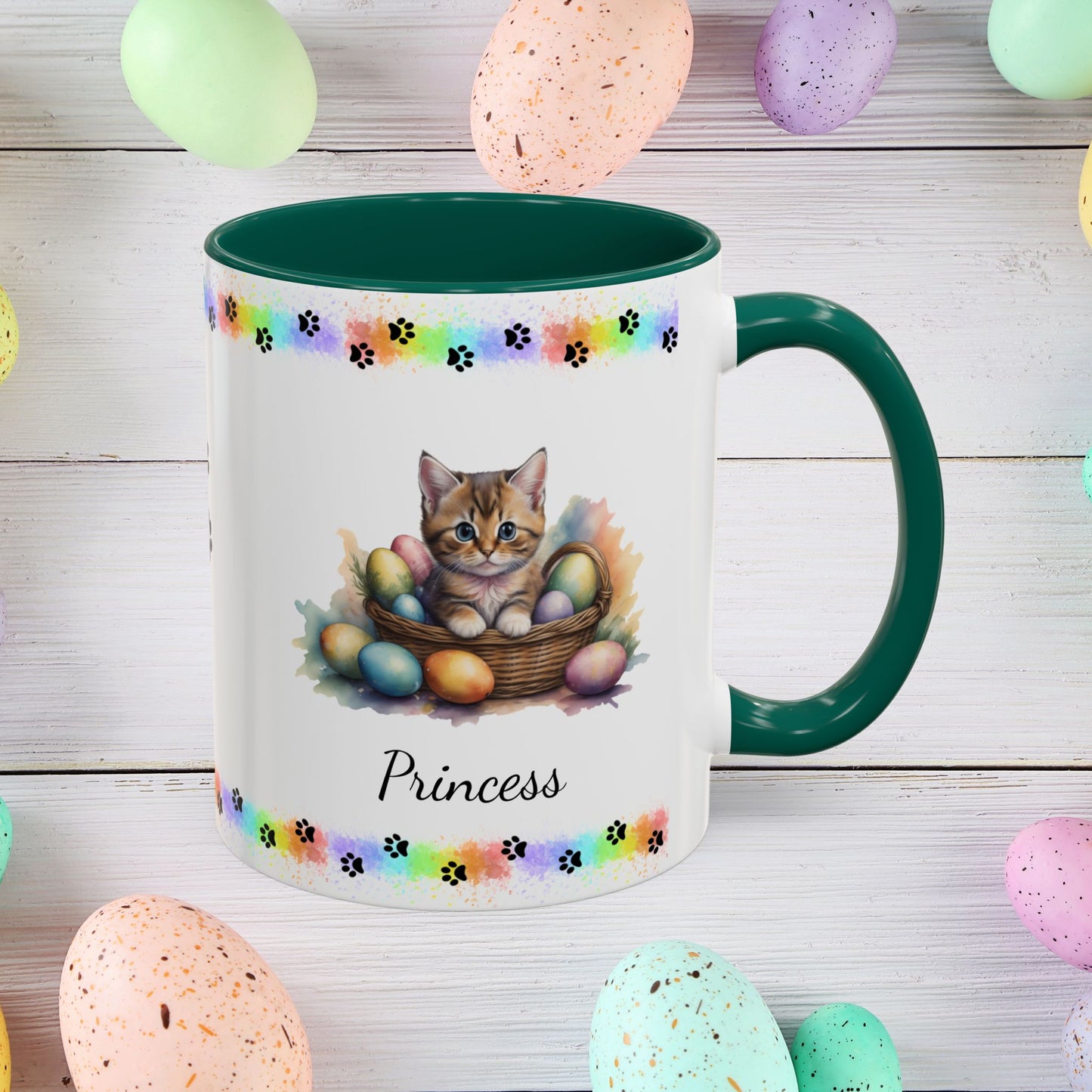 Munchkin personalized Easter coffee mug, cute kitten design, mental health awareness gift for cat lovers