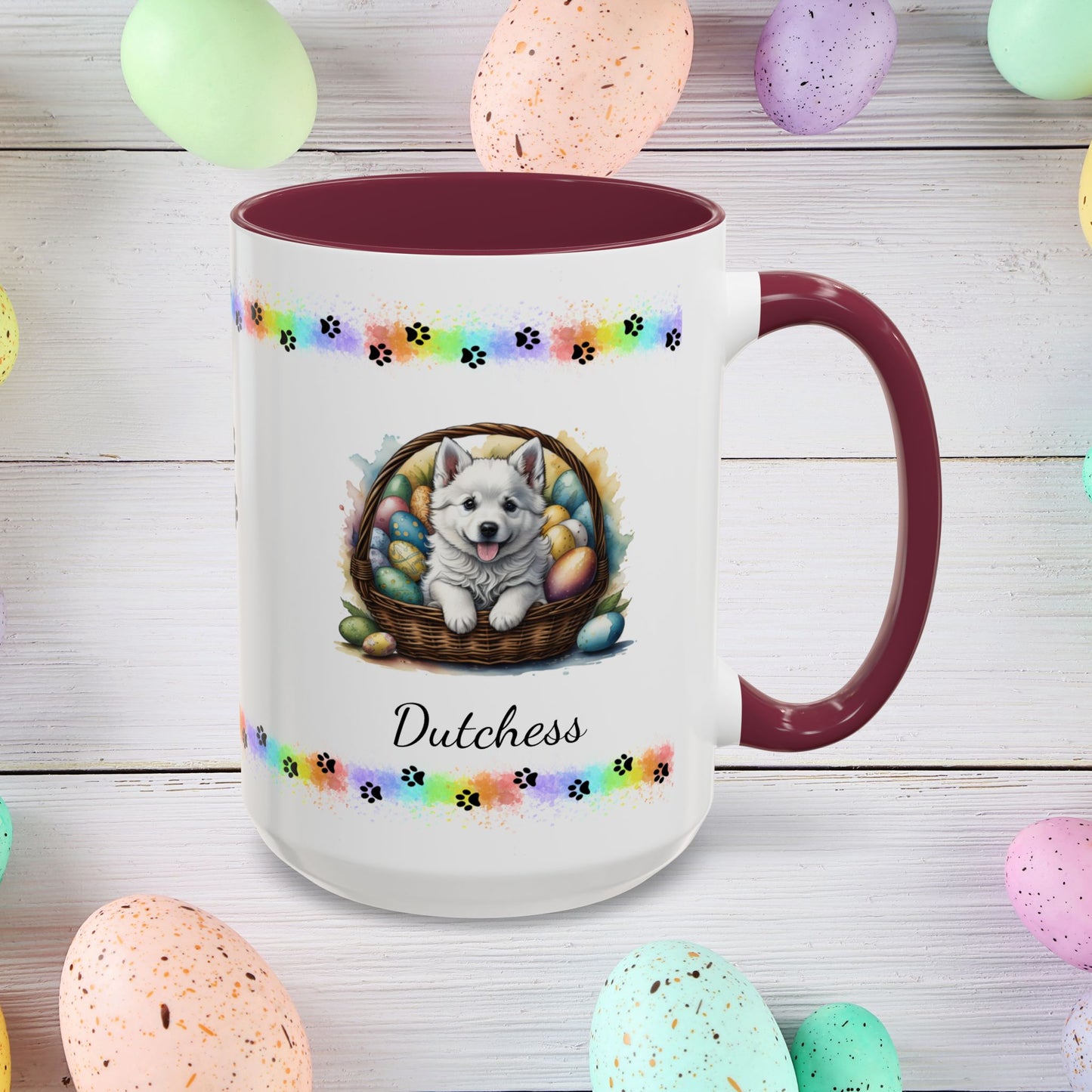 American Eskimo personalized Easter puppy mug, cute dog coffee cup, mental health awareness gift for dog lovers