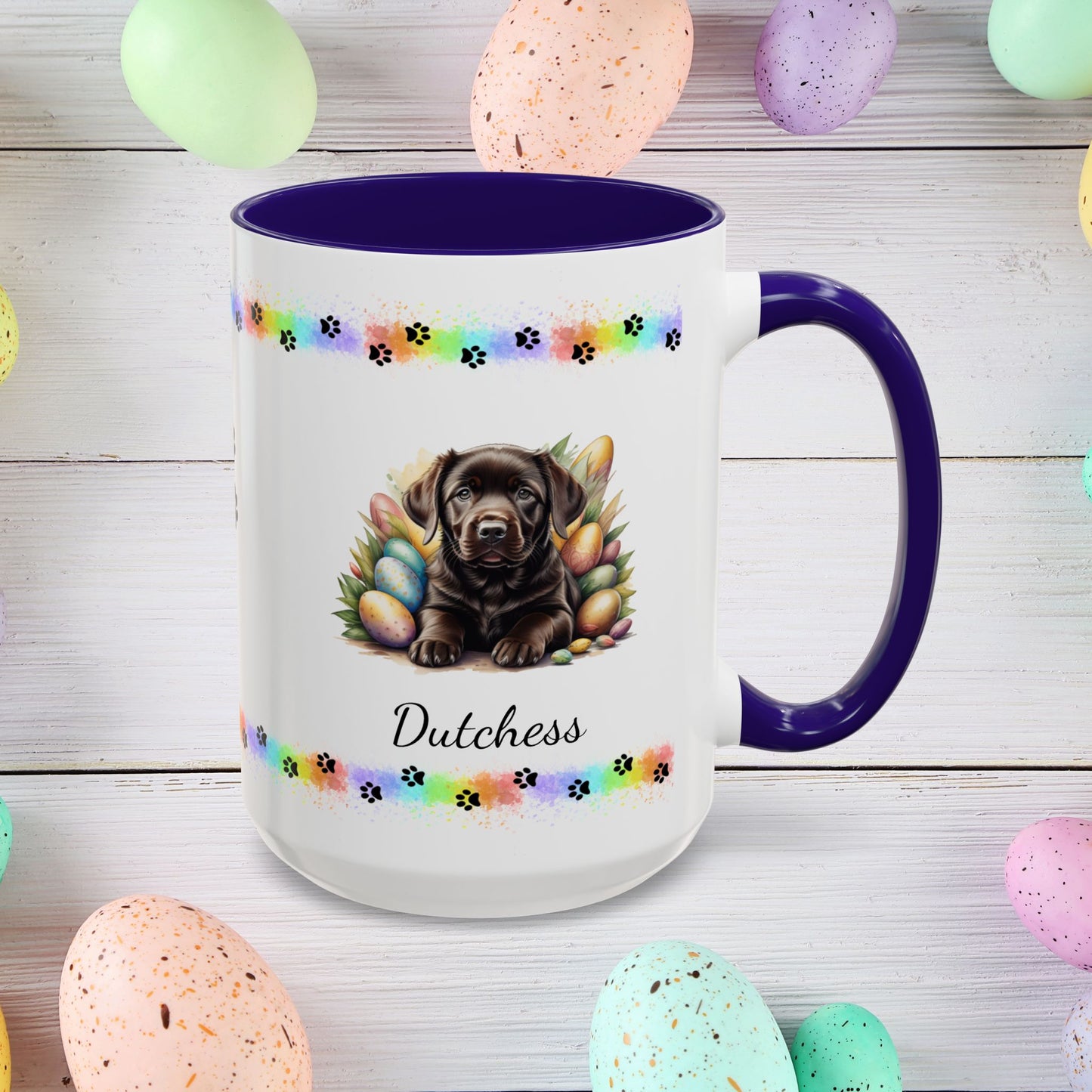 Chocolate Labrador Easter puppy coffee mug, personalized cute dog gift for mental health support and cozy sipping