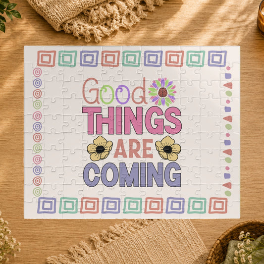 Jigsaw puzzle with 'Good Things Are Coming' text and flowers on a white background