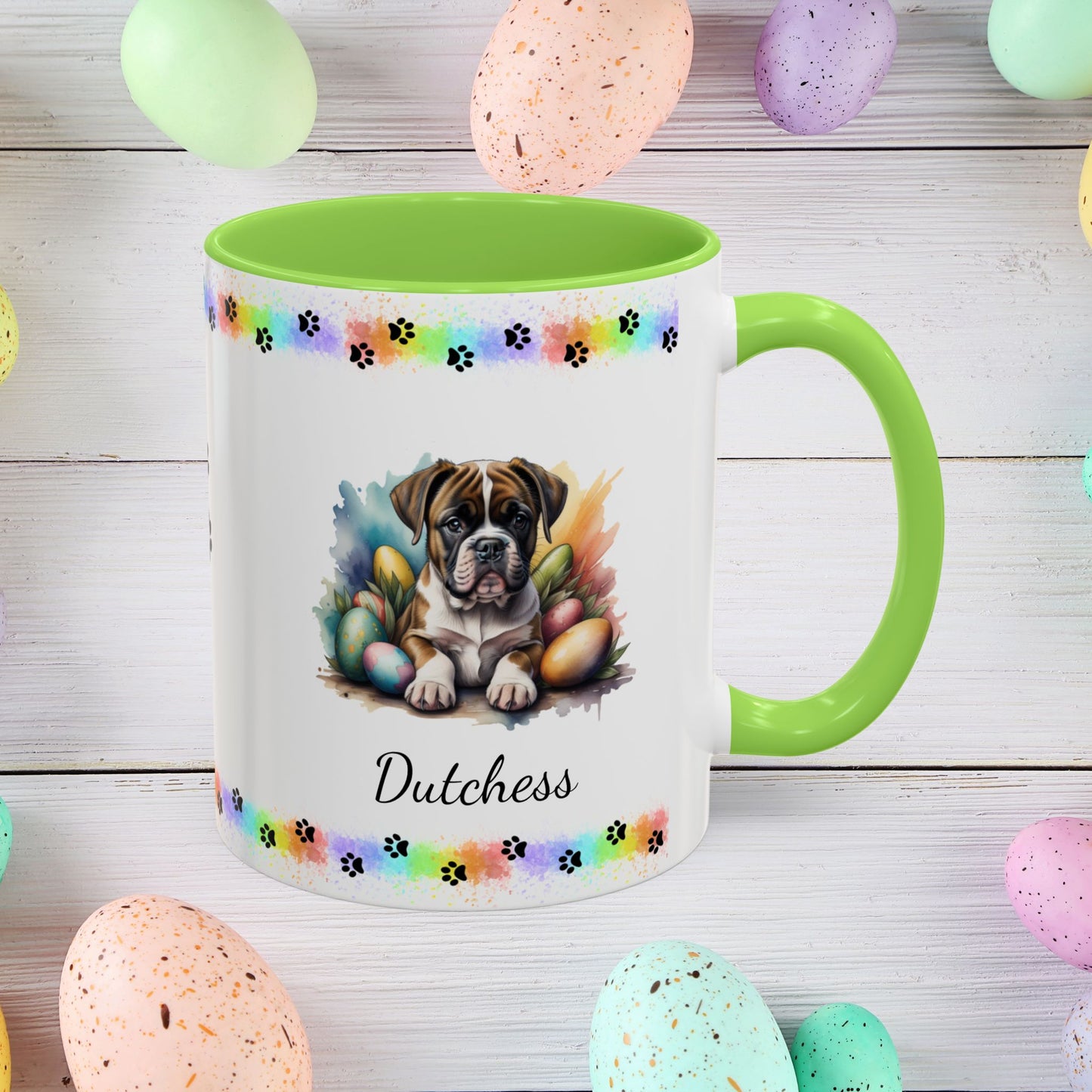 Boxer personalized Easter puppy mug, cute dog coffee cup gift for mental health awareness and dog lovers