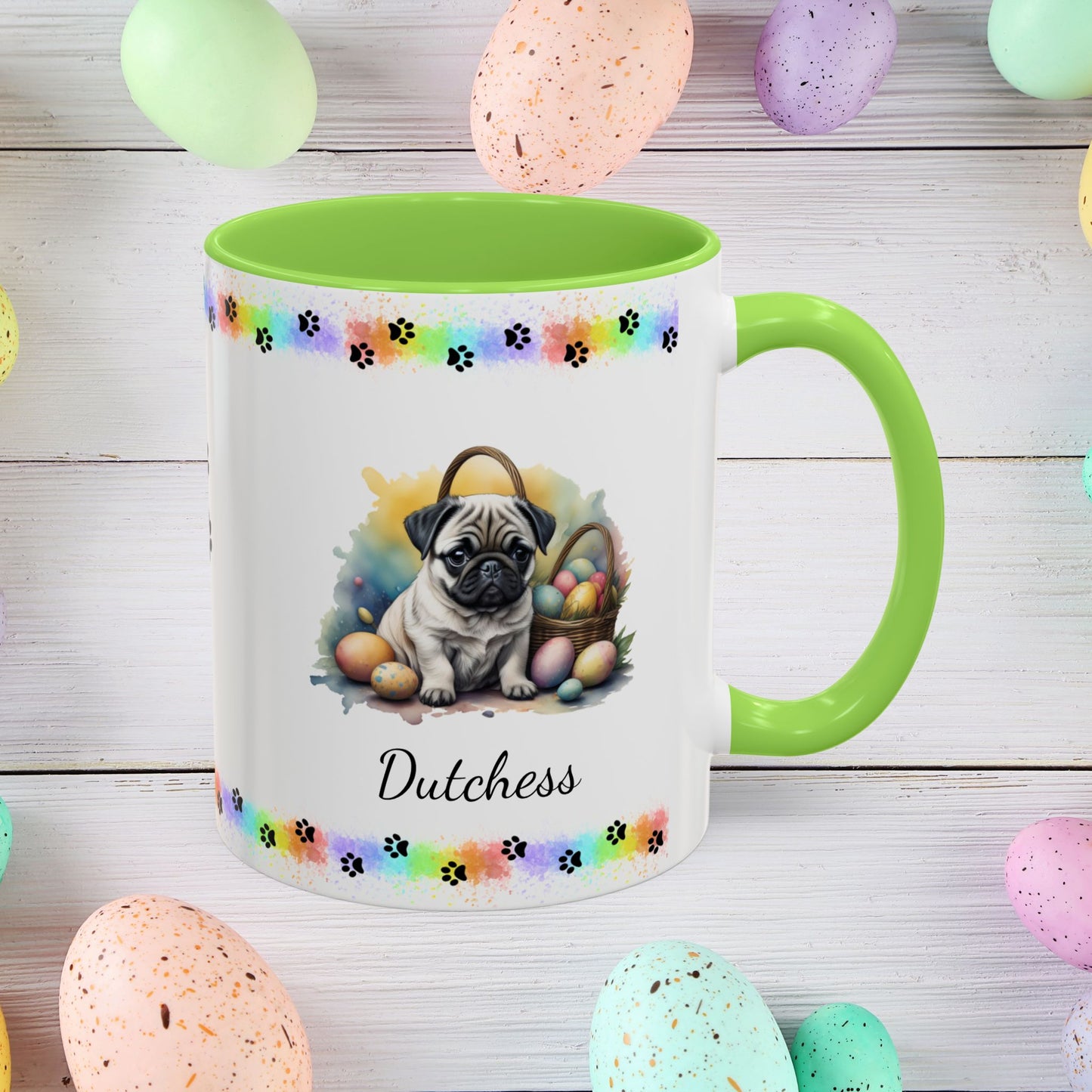 Sweet Pug Easter puppy coffee mug personalized for dog lovers, uplifting mental health and spreading Easter cheer.