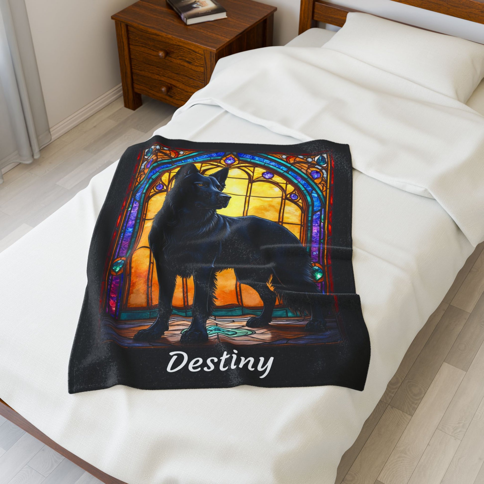German Shepherd Black Coat Blanket, Stained Glass Dog Art Throw, Unique Gift for Humans
