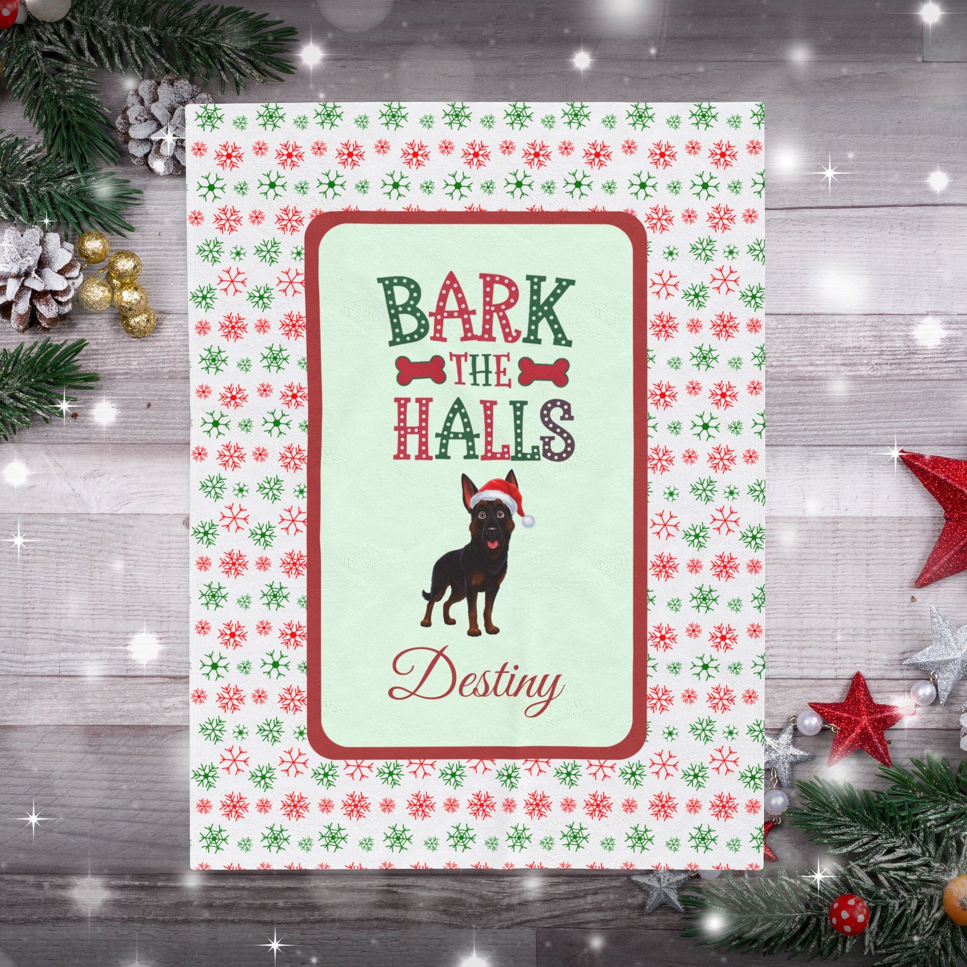 German Shepherd Bi-Color custom velveteen pet lover throw Bark The Halls cozy holiday gift for dog owners