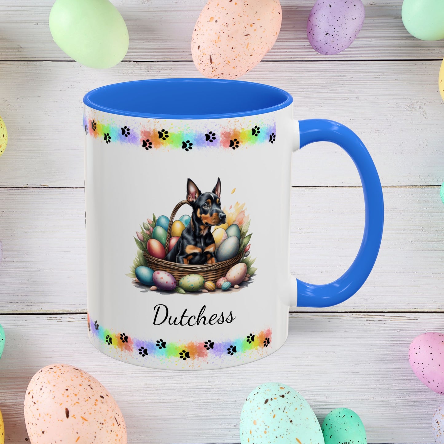 Doberman personalized Easter puppy mug, cute dog coffee cup gift for mental health awareness and comfort