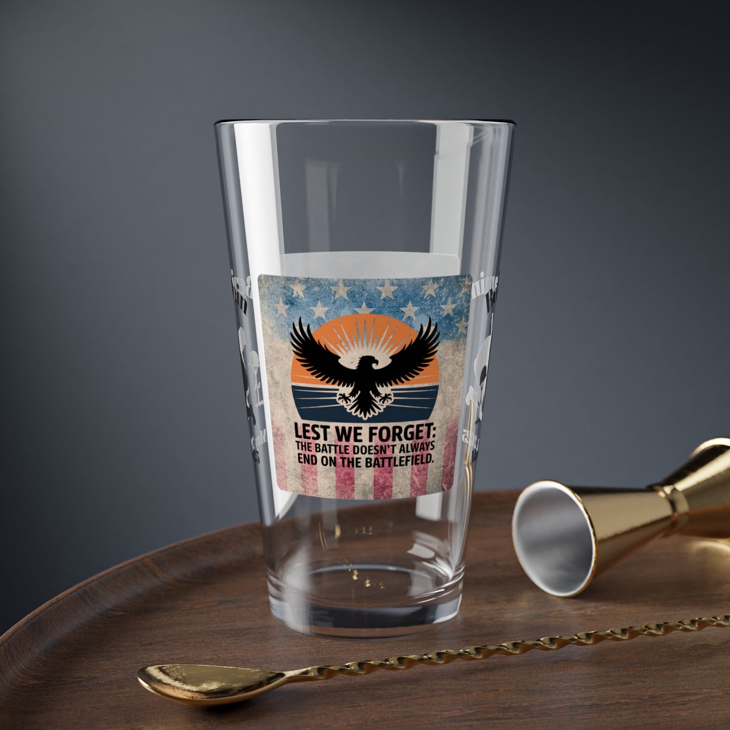Personalized Memorial Day Pint Glass - "Lest We Forget", PTSD Awareness Gift for Veterans & Memorial Days